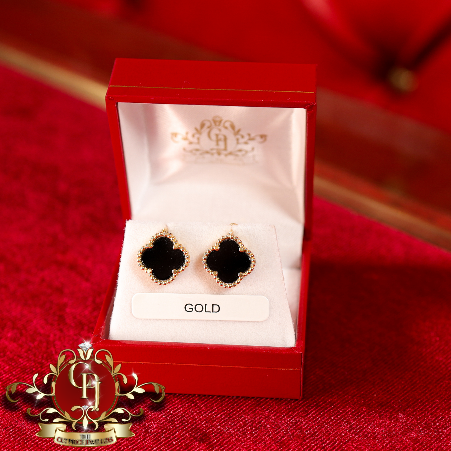 18ct Gold Black Clover Studs | The Cut Price Jewellers