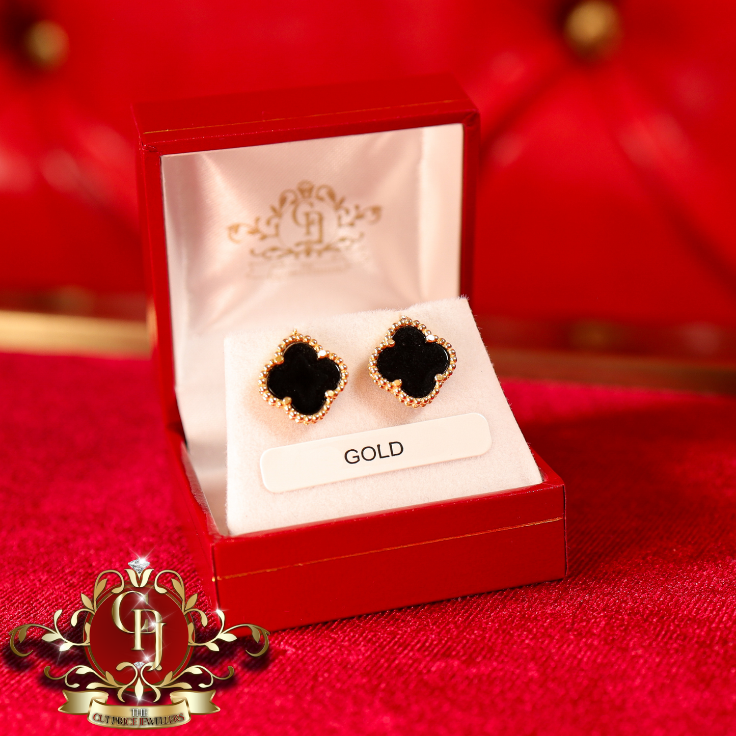 18ct Gold Black Clover Studs | The Cut Price Jewellers