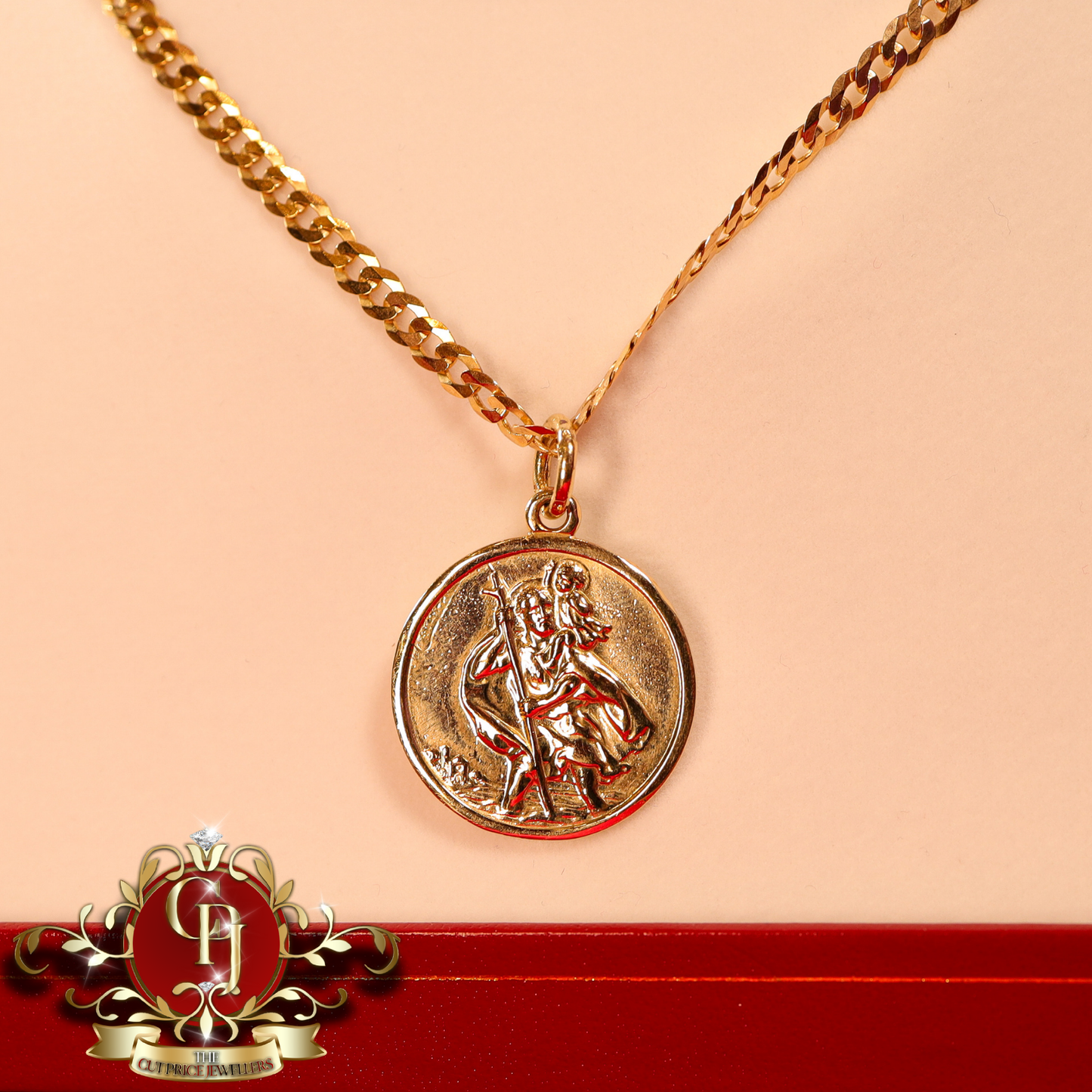 9ct Gold St. Christopher Pendant & Flat Curb Chain | The Cut Price Jewellers