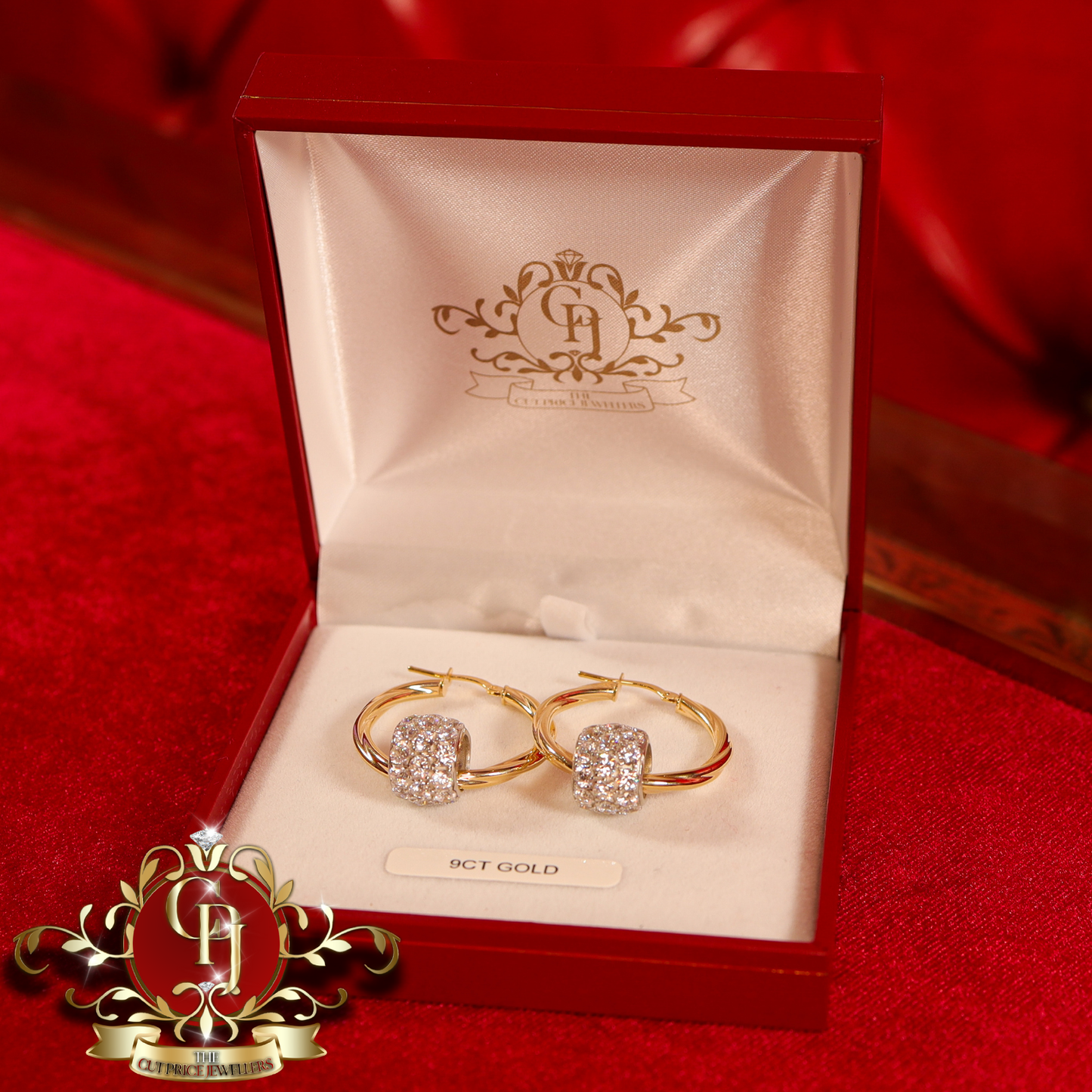 9ct Gold Twist Hoops with Cubic Zirconia Balls (3 Sizes) | The Cut Price Jewellers