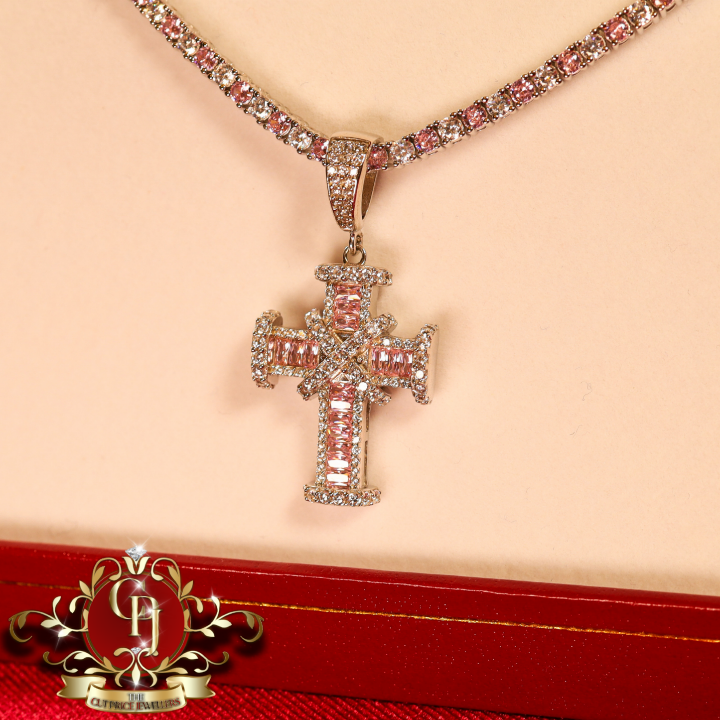 Sterling Silver "Nola" Tennis Chain & Cross with PinkCubic Zirconia | The Cut Price Jewellers