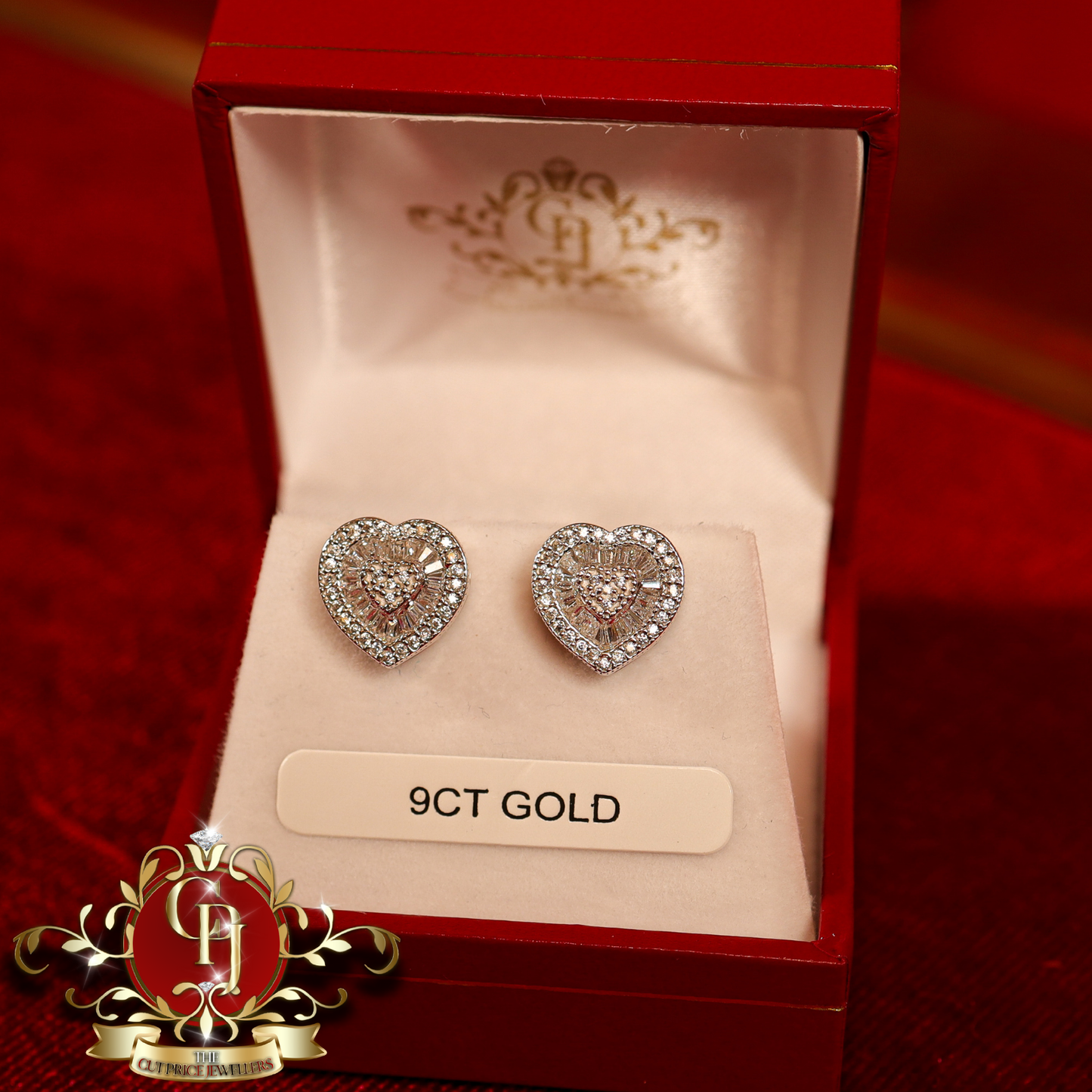 9ct White Gold Baguette CZ Heart Stud Earrings | The Cut Price Jewellers