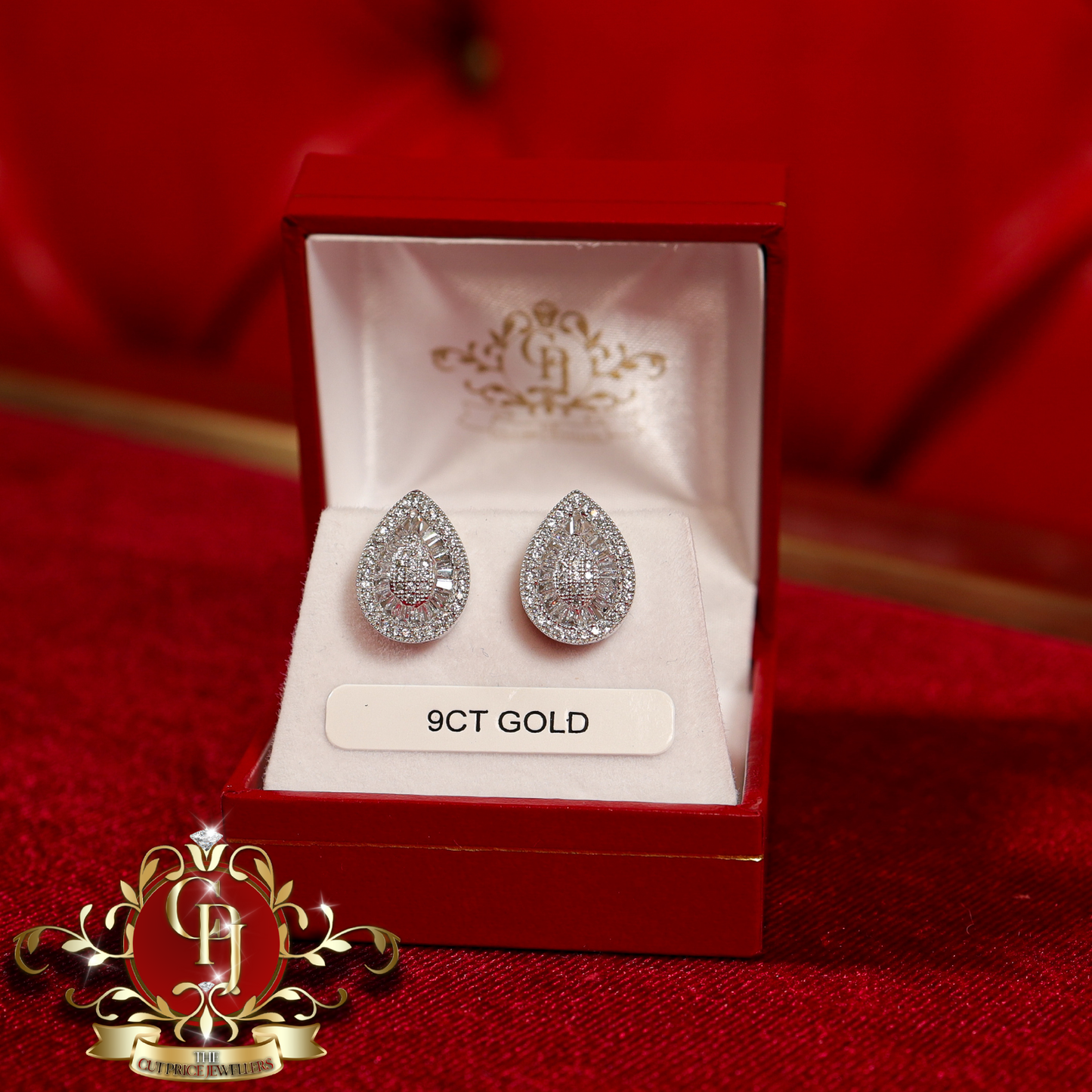 9ct White Gold Baguette CZ Pear Stud Earrings | The Cut Price Jewellers