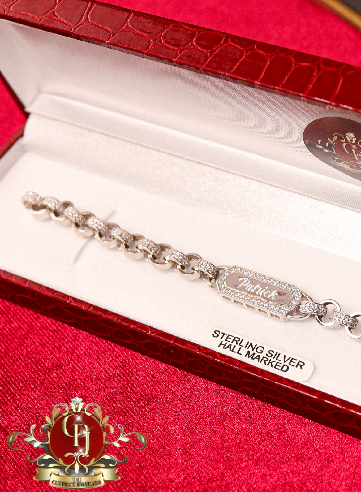 Sterling silver cubic zirconia ID belcher bracelet