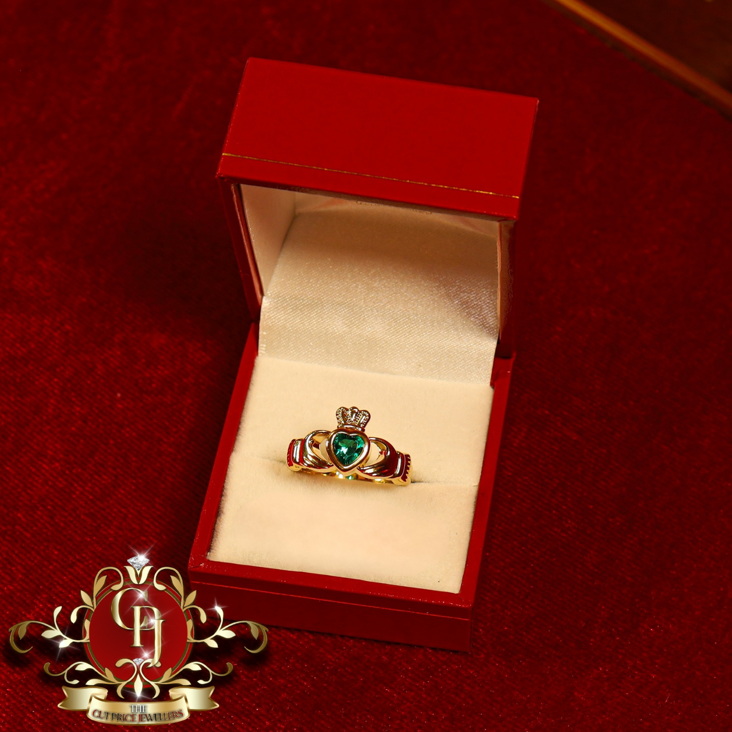 Gold-Filled Sterling Silver "Iseult" Claddagh Ring with Green Stone | The Cut Price Jewellers