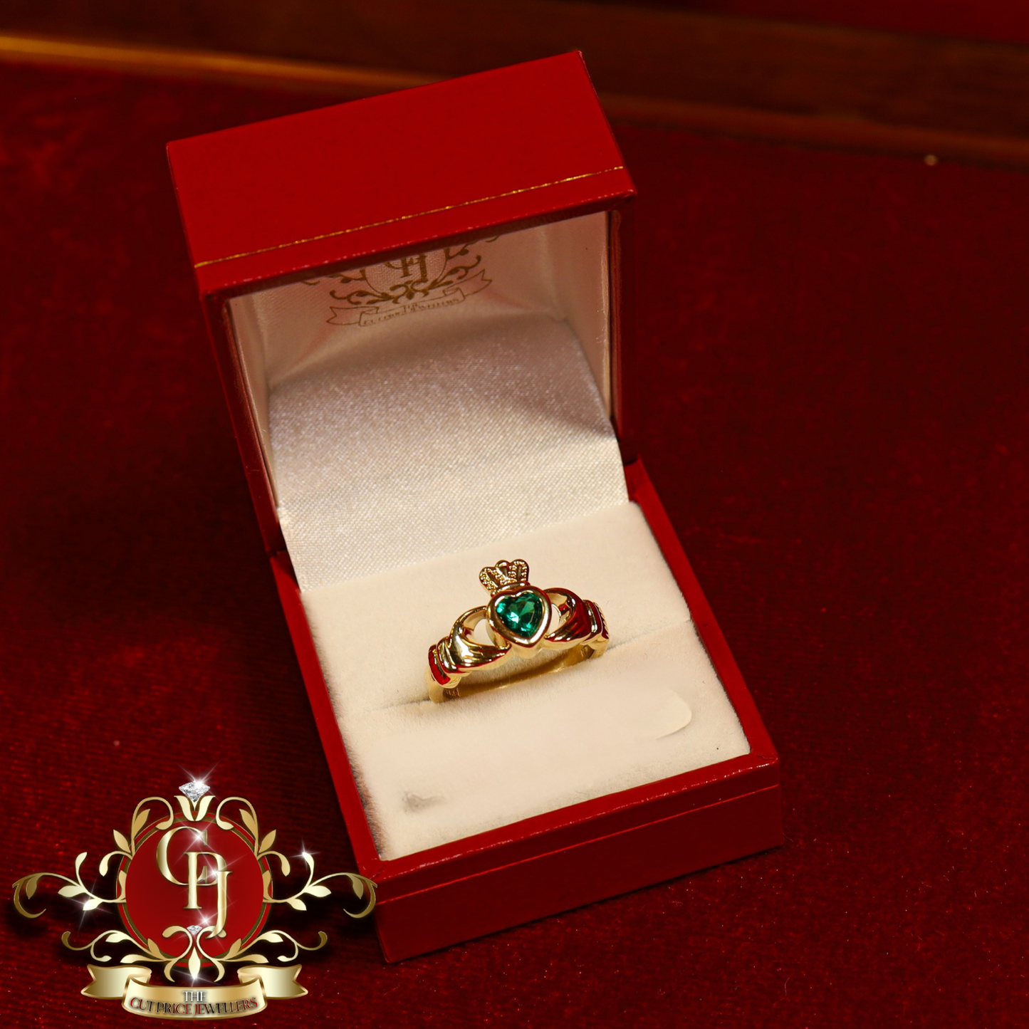 Gold-Filled Sterling Silver "Iseult" Claddagh Ring with Green Stone | The Cut Price Jewellers