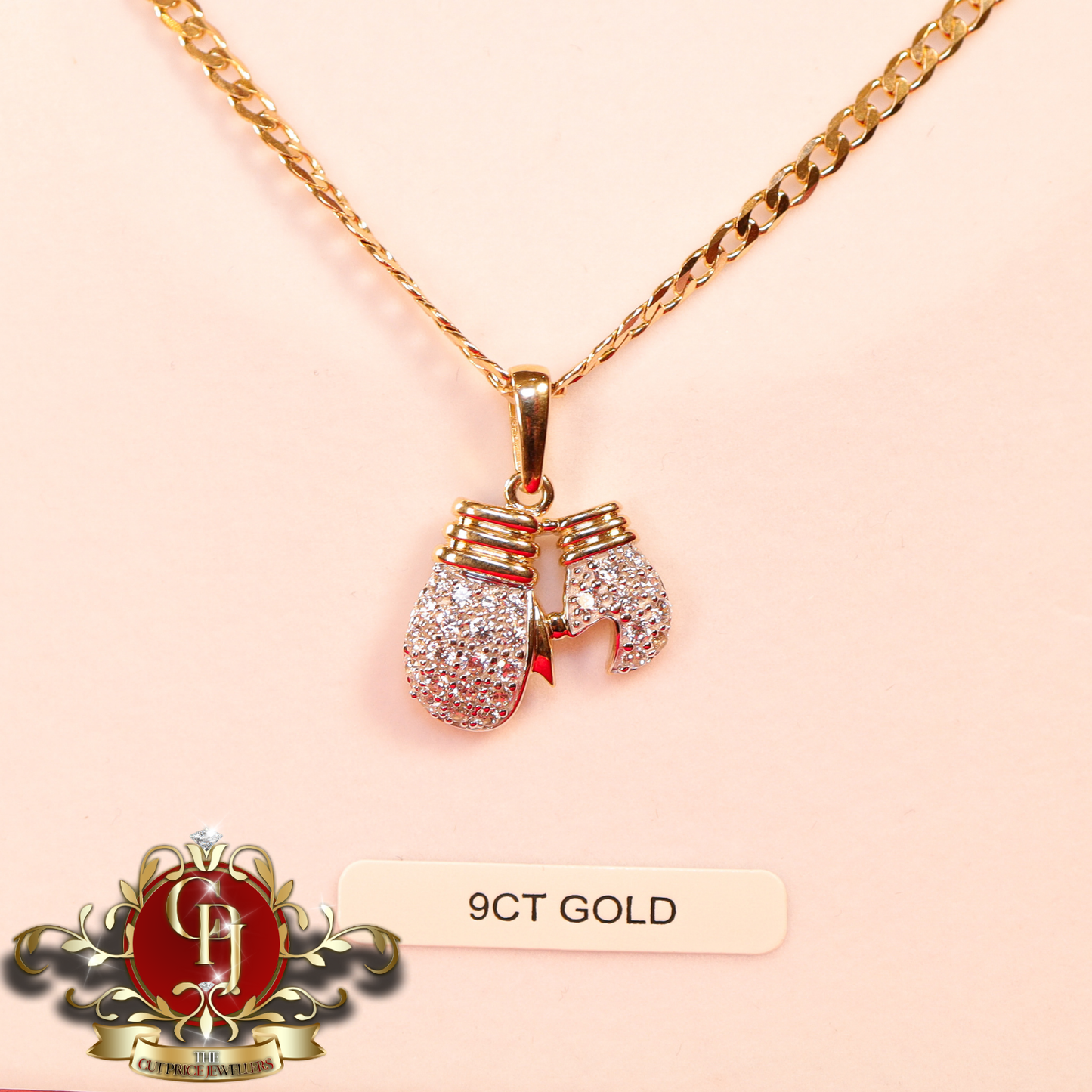 9ct Gold Boxing Gloves Pendant with Flat Curb Chain | The Cut Price Jewellers