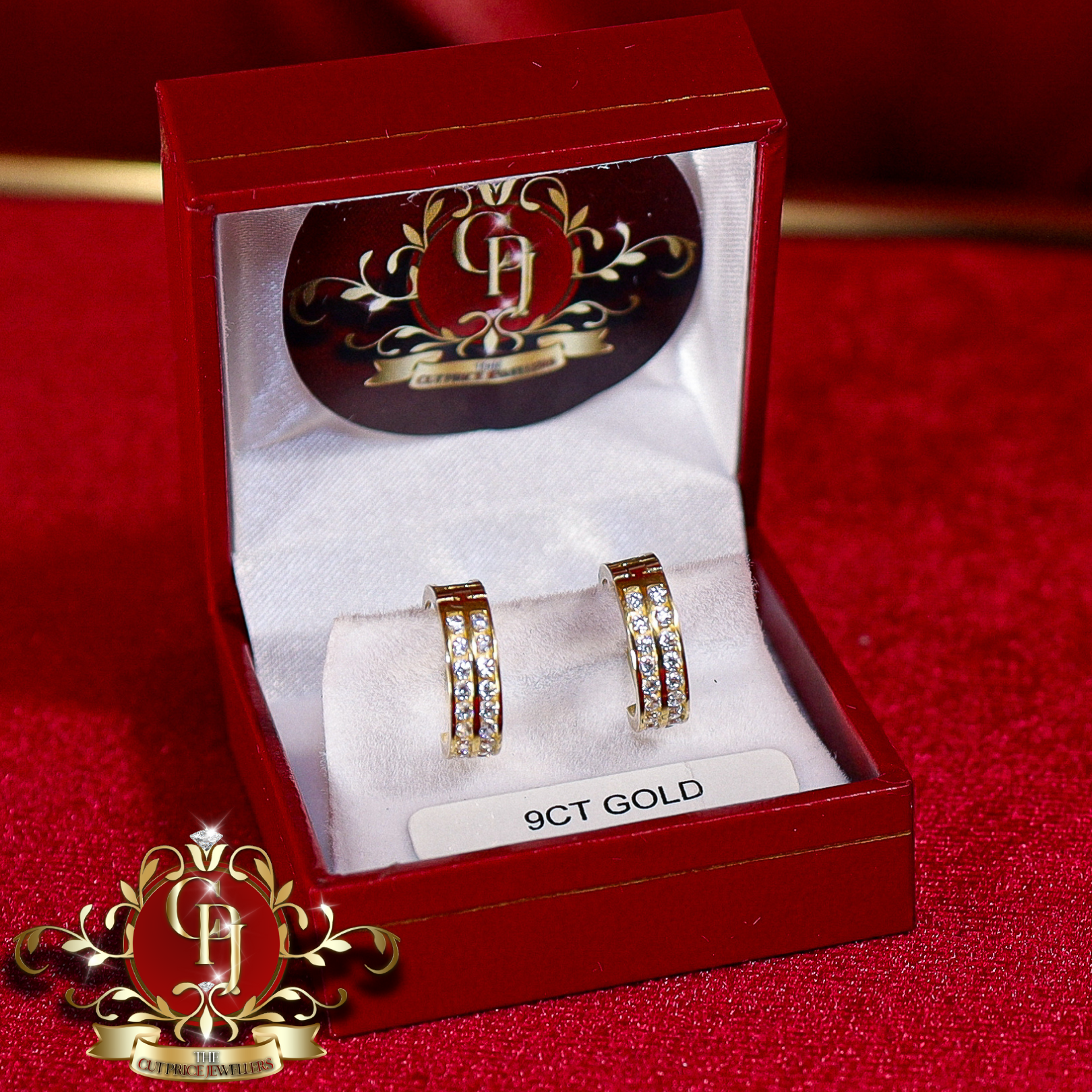 9ct Gold Earrings with Double Row Cubic Zirconia