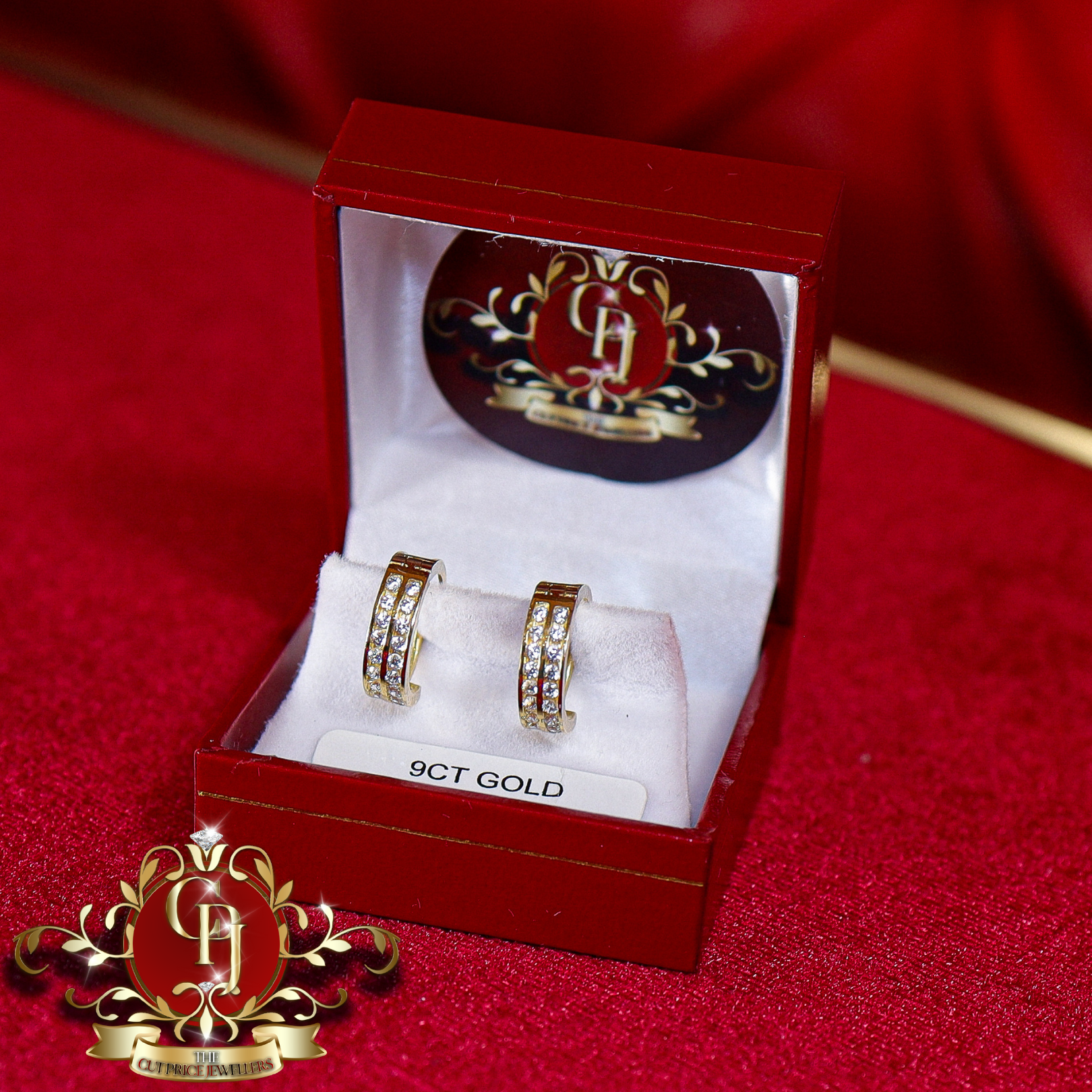 9ct Gold Earrings with Double Row Cubic Zirconia