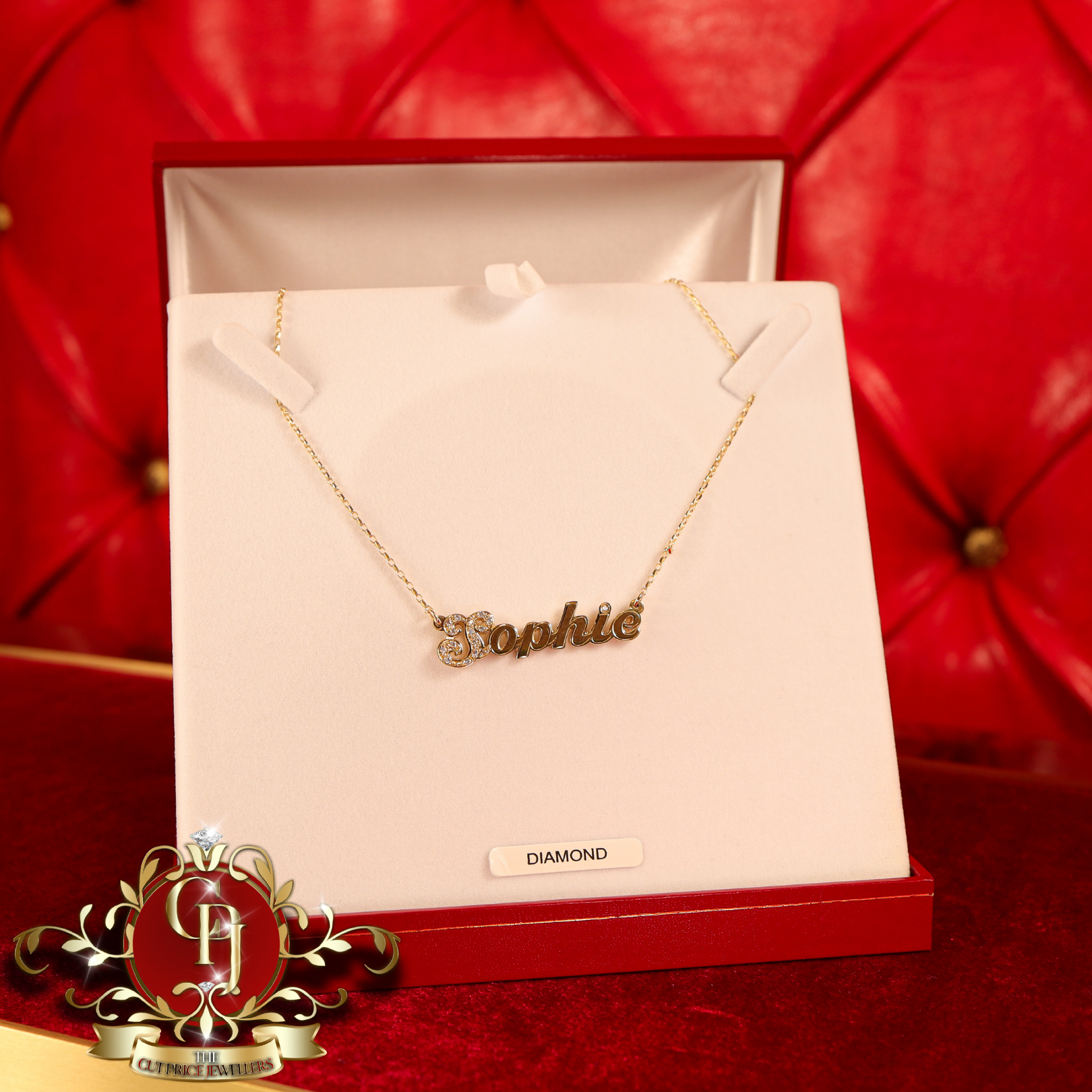 Handmade 9ct Gold Name Chain (Script Font) with Diamond 1st Letter