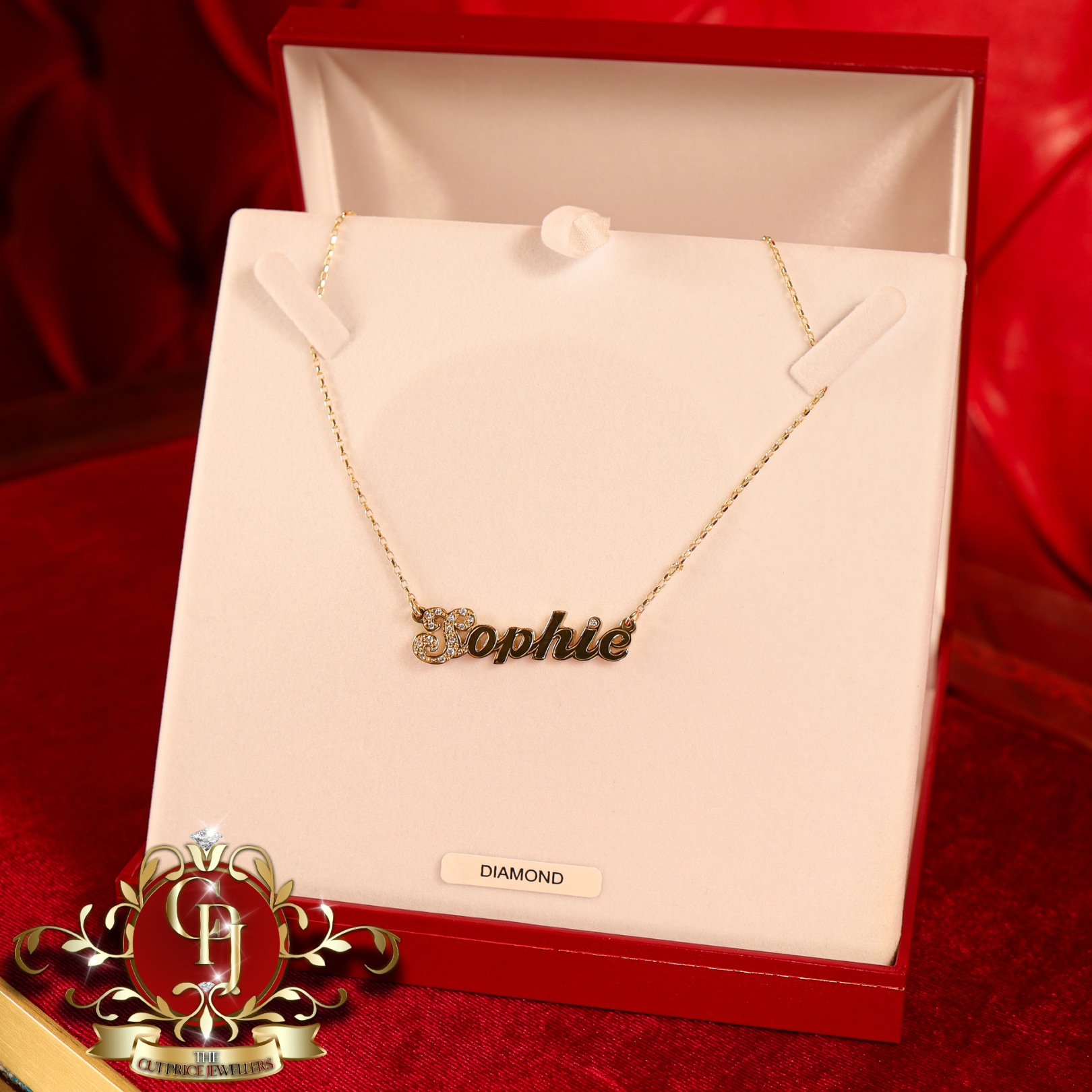 Handmade 9ct Gold Name Chain (Script Font) with Diamond 1st Letter