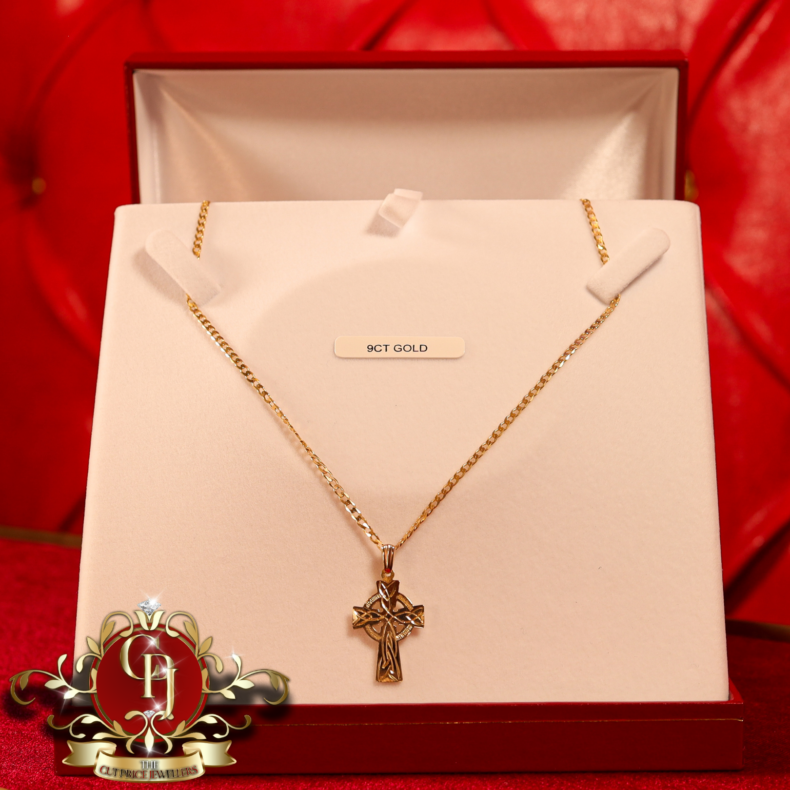 9ct Gold Celtic Cross with Flat Curb Chain (two sizes available)
