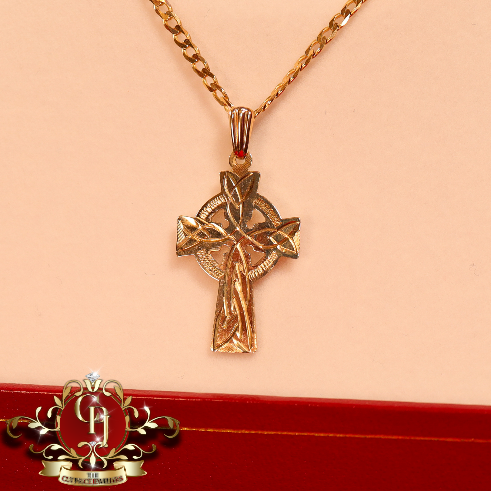 9ct Gold Celtic Cross with Flat Curb Chain (two sizes available)