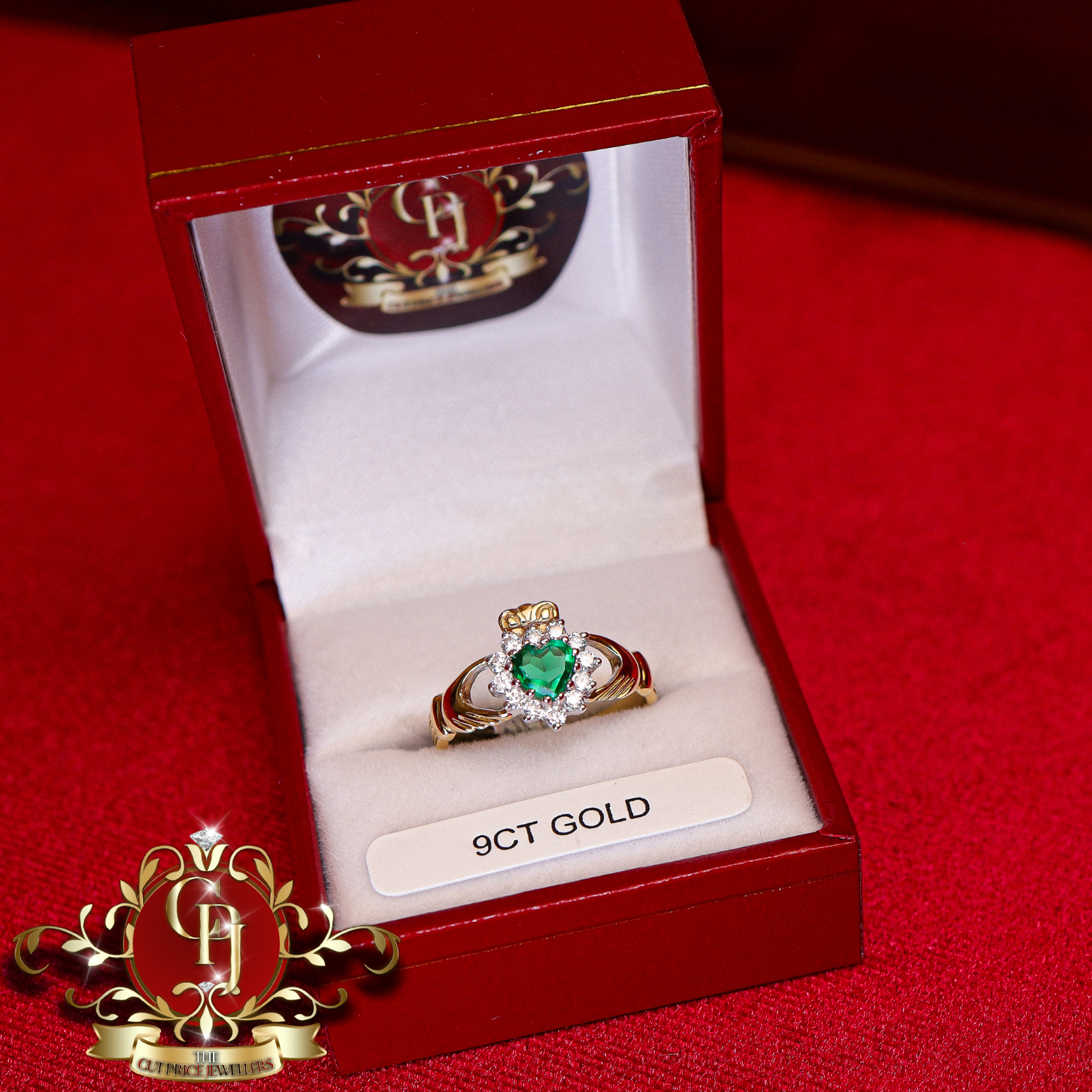 9ct Claddagh Ring with Green Cubic Zirconia