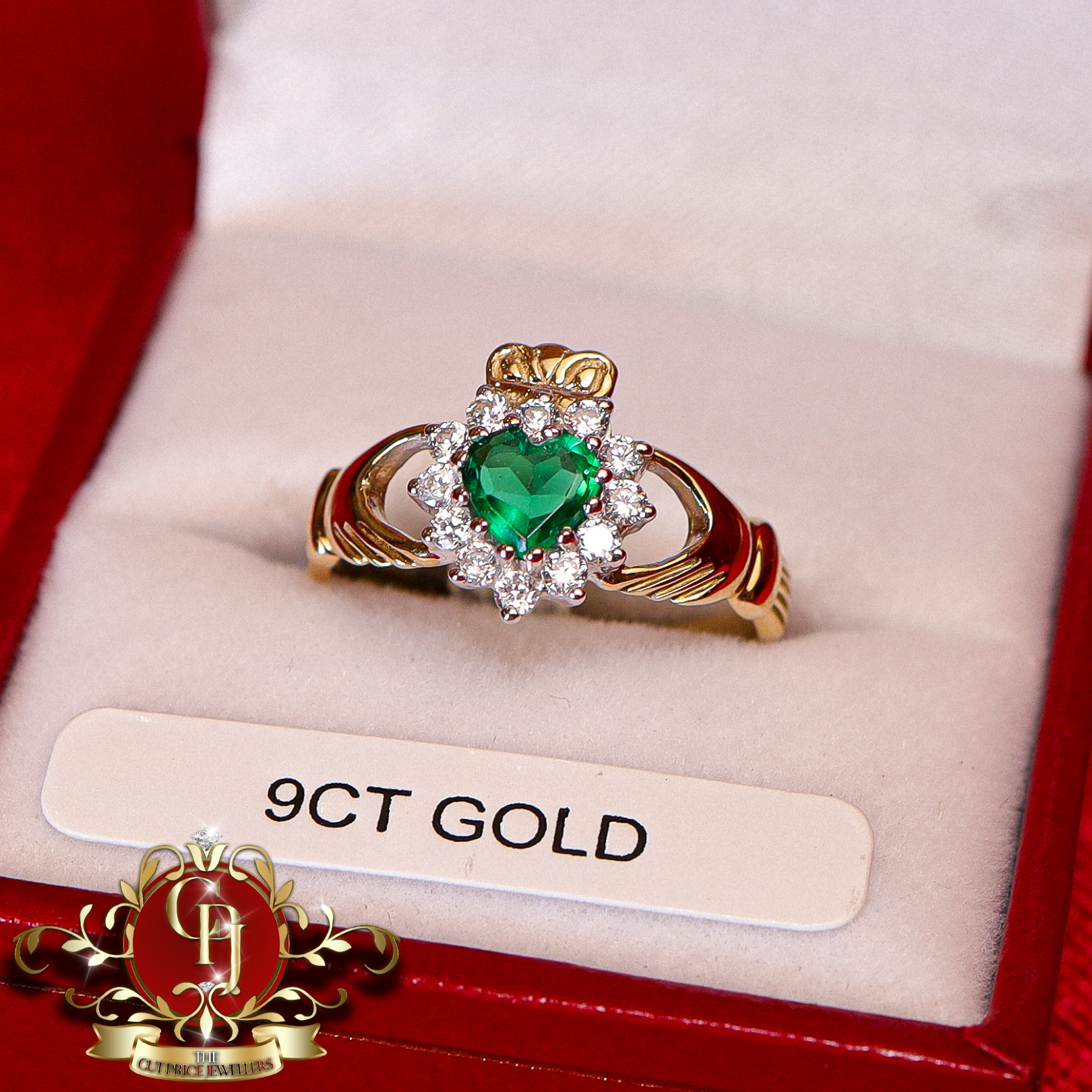 9ct Claddagh Ring with Green Cubic Zirconia