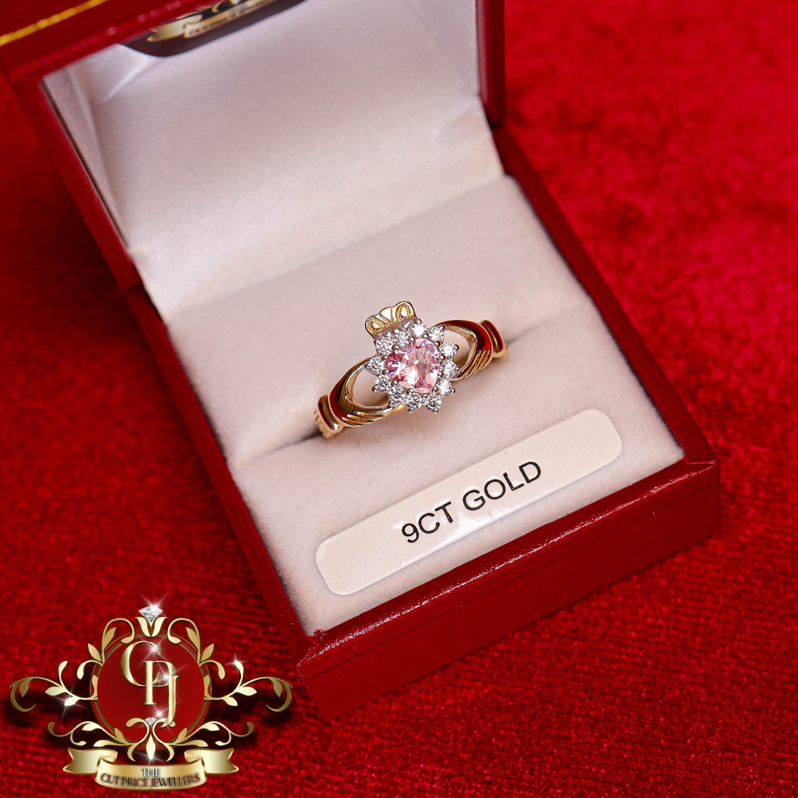 9ct Claddagh Ring with Pink Cubic Zirconia