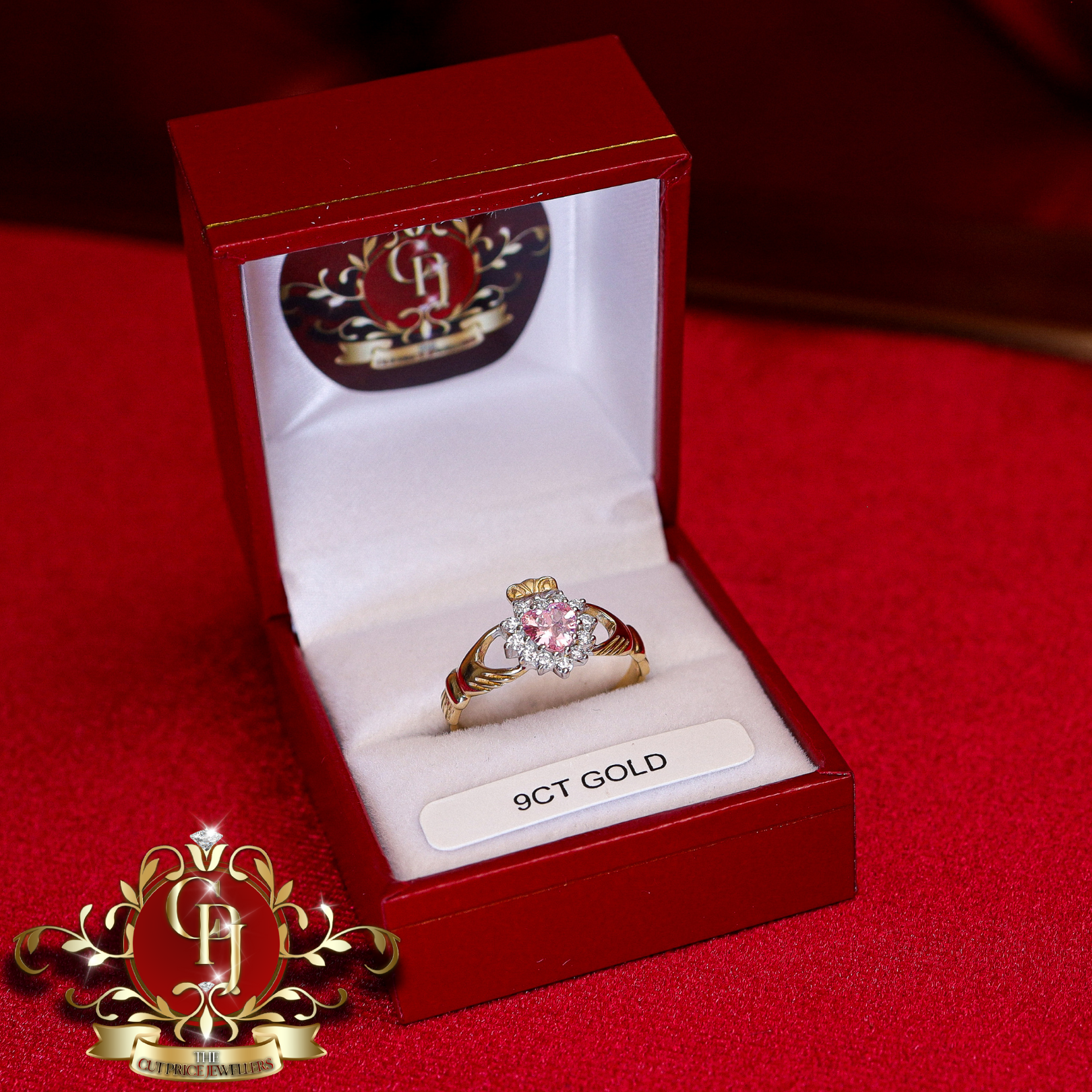9ct Claddagh Ring with Pink Cubic Zirconia