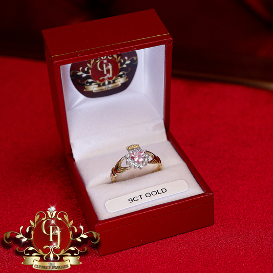 9ct Claddagh Ring with Pink Cubic Zirconia | The Cut Price Jewellers