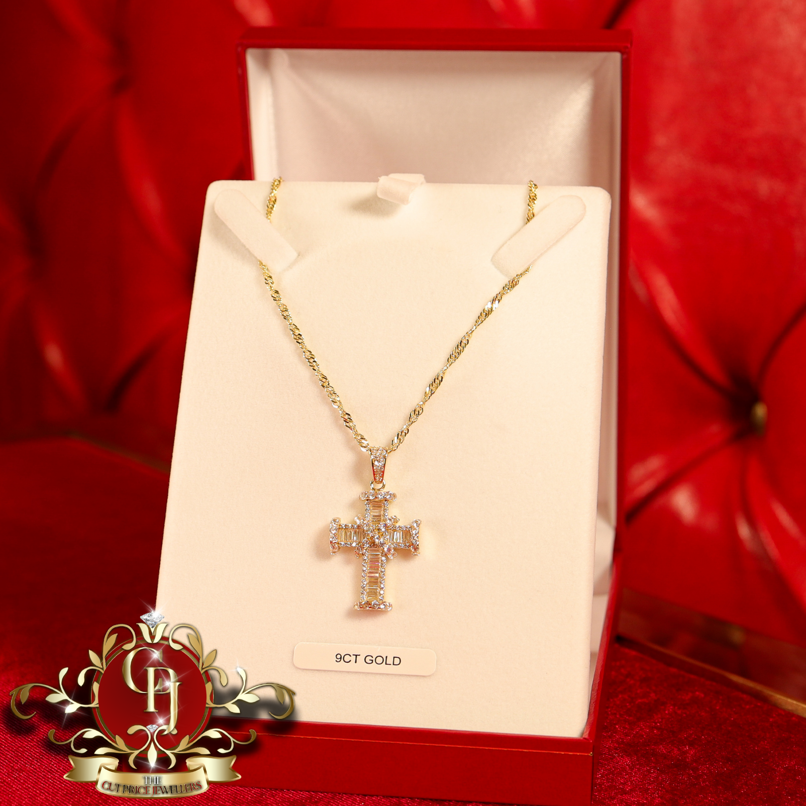 Chunky 9ct Gold Baguette Cross & Prince of Wales Chain