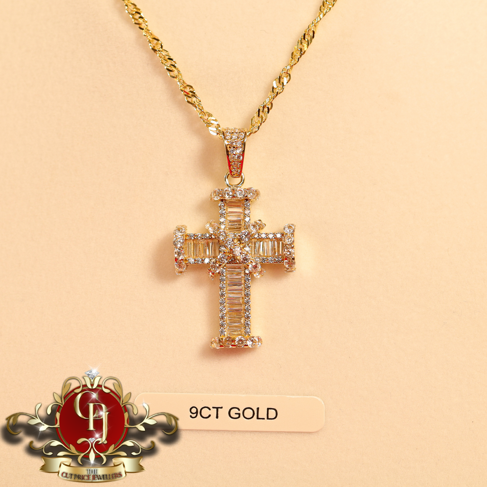 Chunky 9ct Gold Baguette Cross & Prince of Wales Chain