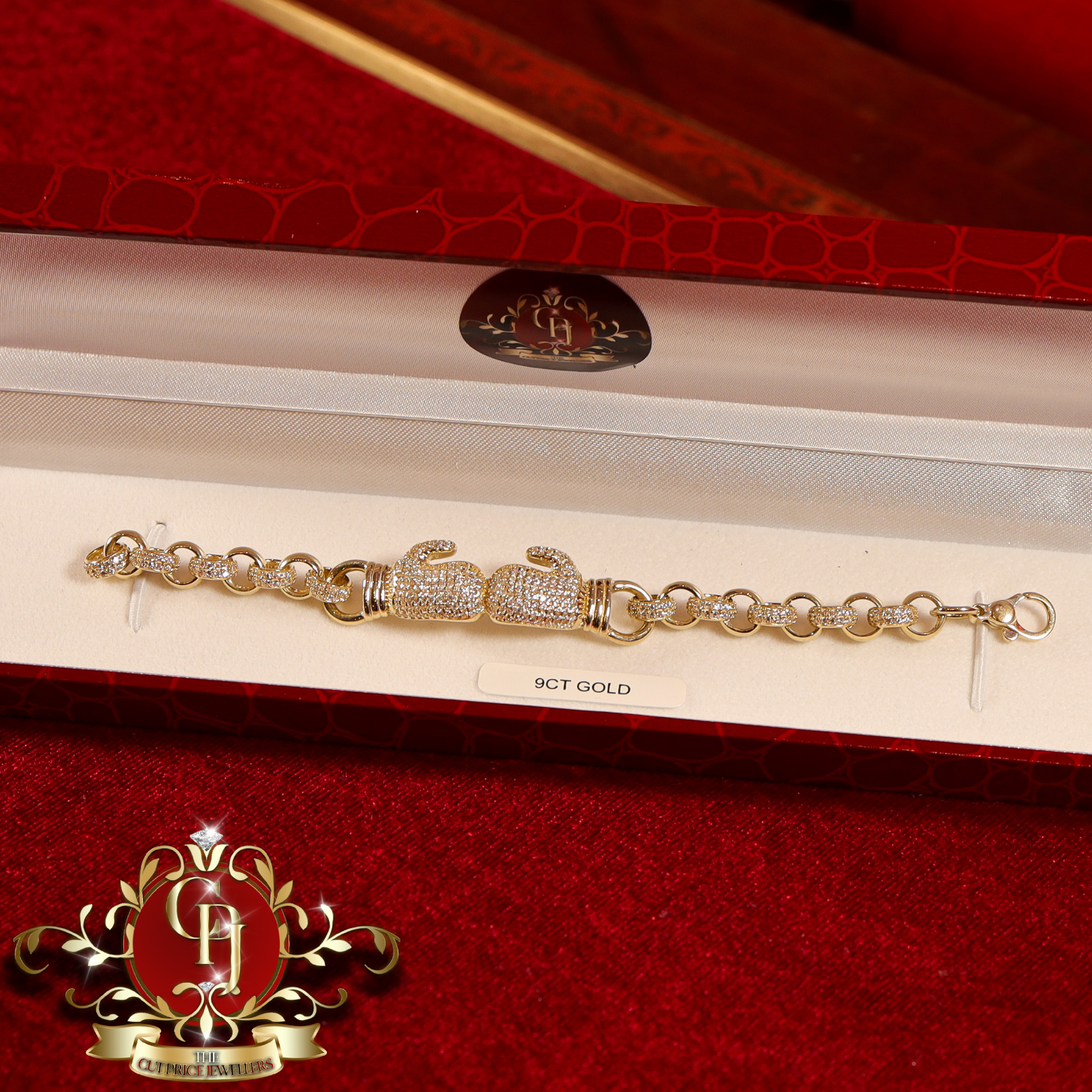 9ct Gold Belcher Bracelet with Double Glove Cubic Zirconia