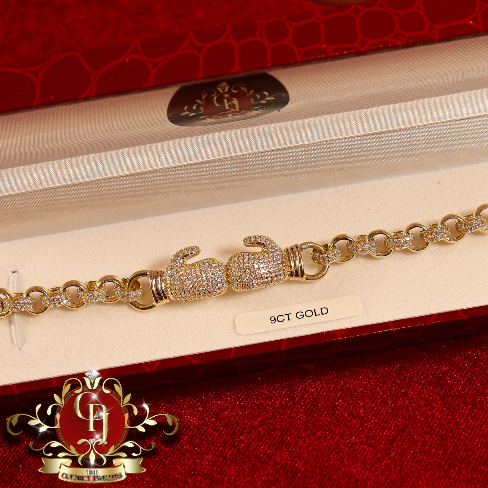 9ct Gold Belcher Bracelet with Double Glove Cubic Zirconia