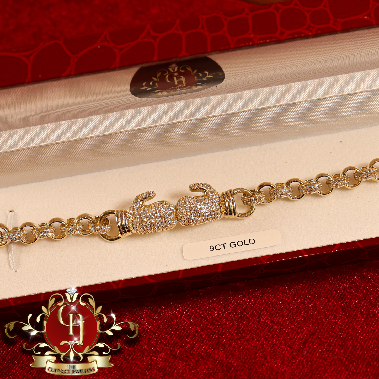 9ct Gold Belcher Bracelet with Double Glove Cubic Zirconia | The Cut Price Jewellers