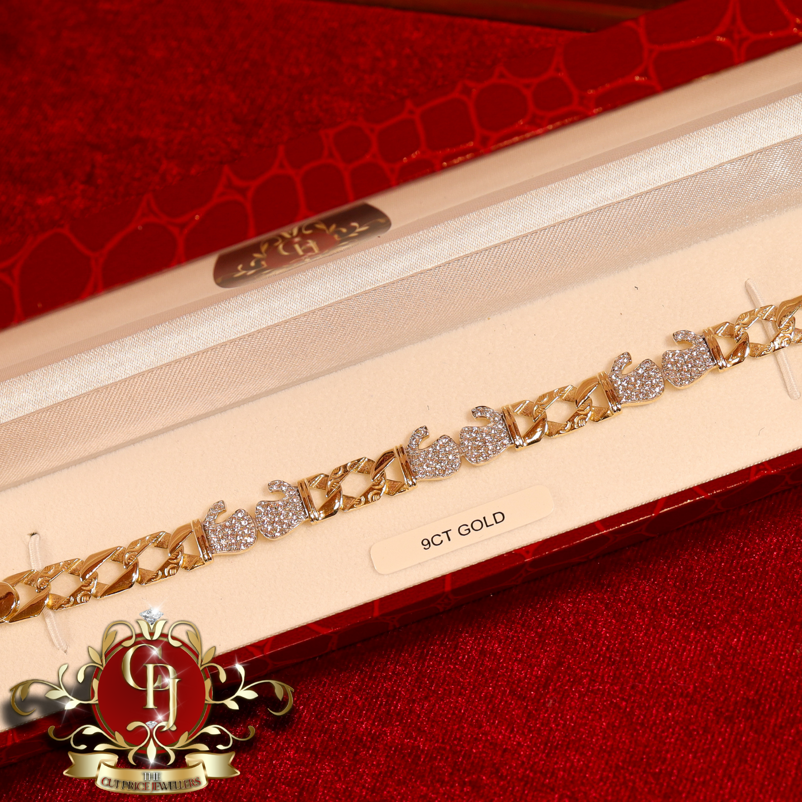 9ct Gold Flat-Link Bracelet with Double Glove Cubic Zirconia