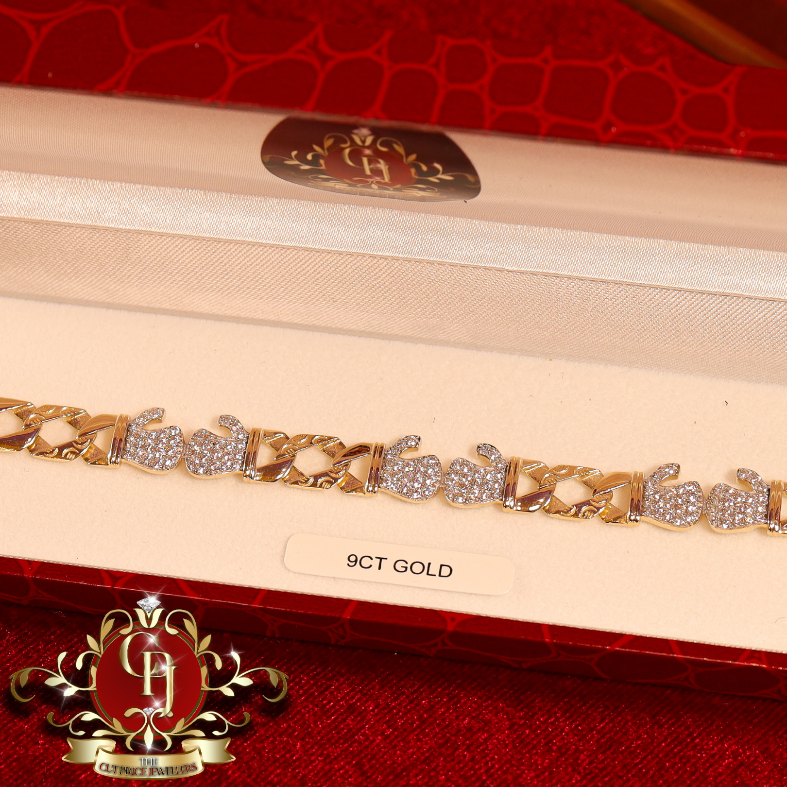 9ct Gold Flat-Link Bracelet with Double Glove Cubic Zirconia
