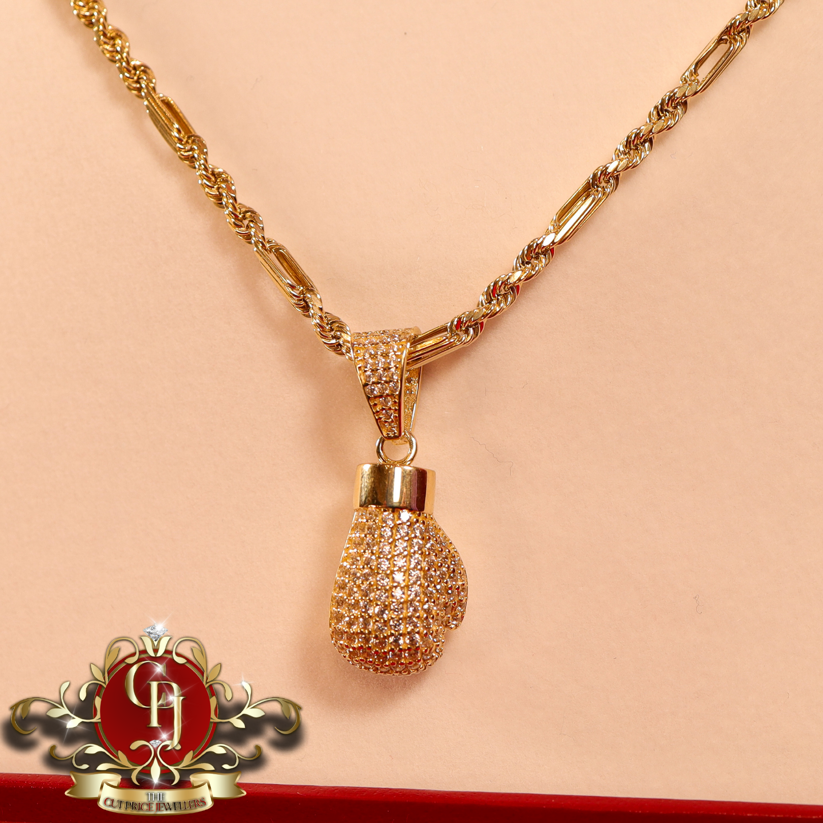 9ct Gold Fancy Rope Chain with 9ct Boxing Glove
