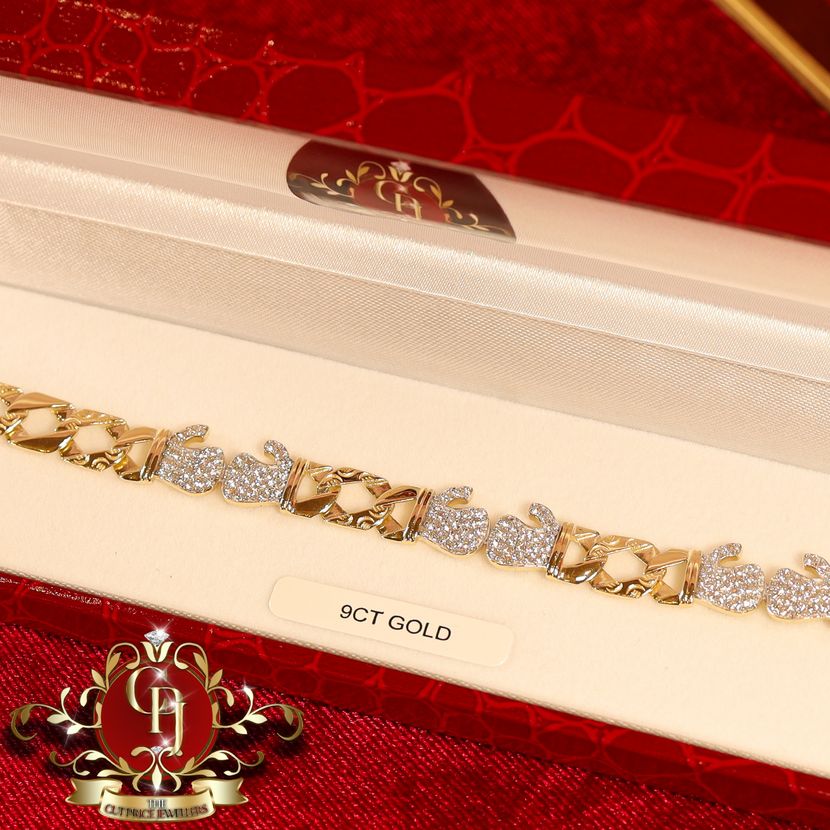 9ct Gold Flat-Link Bracelet with Double Glove Cubic Zirconia