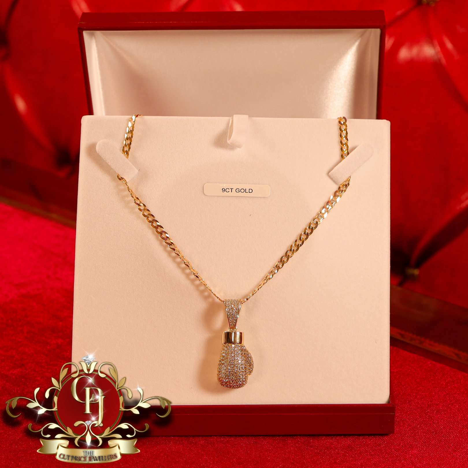 9ct Gold Flat Curb Chain with CZ Boxing Glove