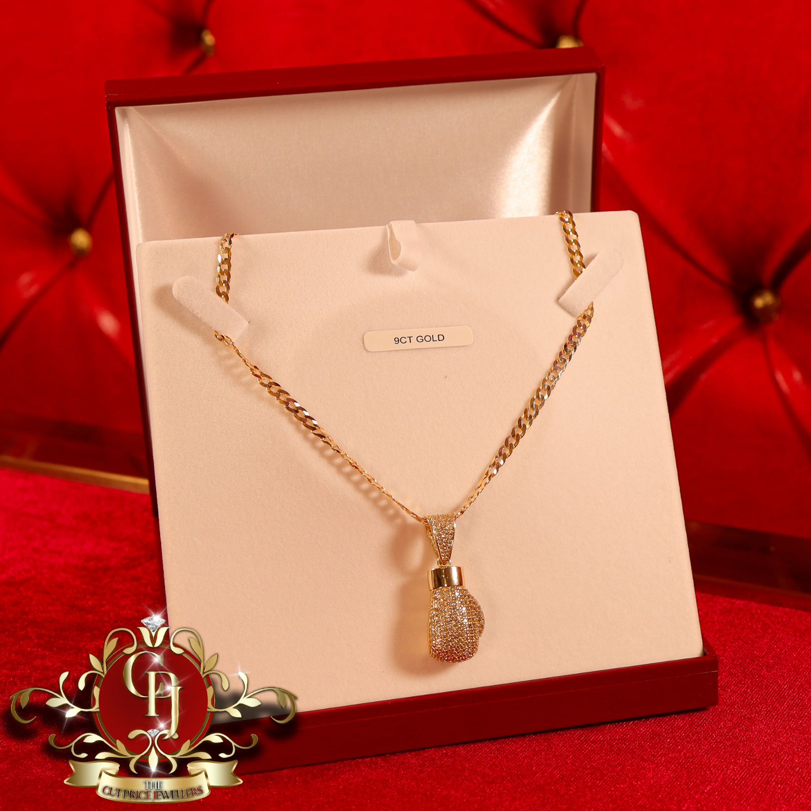 9ct Gold Flat Curb Chain with CZ Boxing Glove