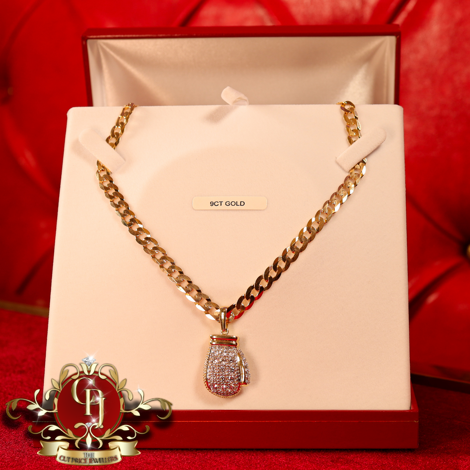 9ct Gold Flat Curb Chain with CZ Boxing Glove