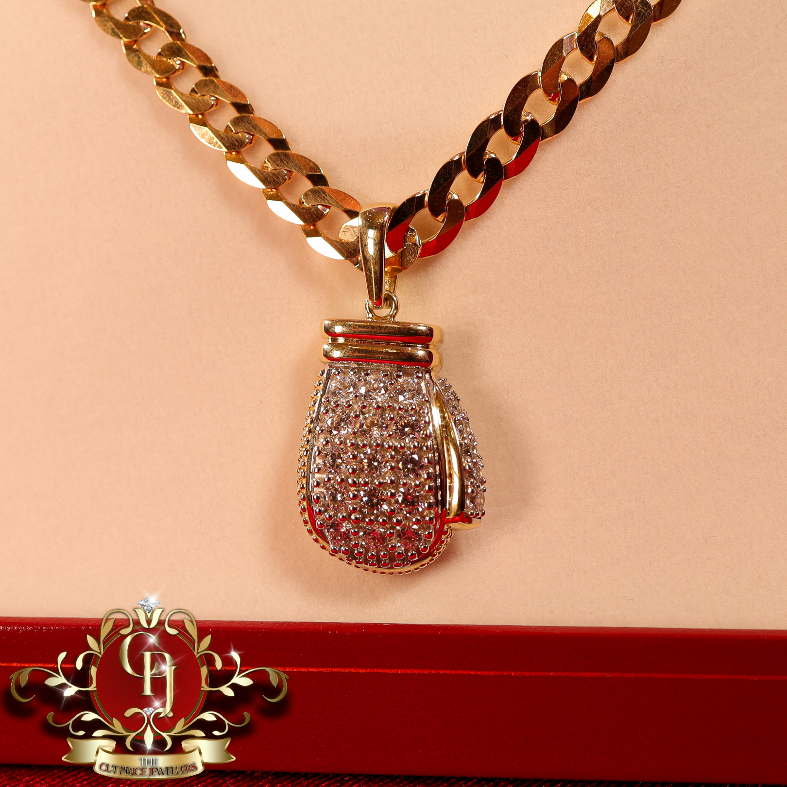 9ct Gold Flat Curb Chain with CZ Boxing Glove