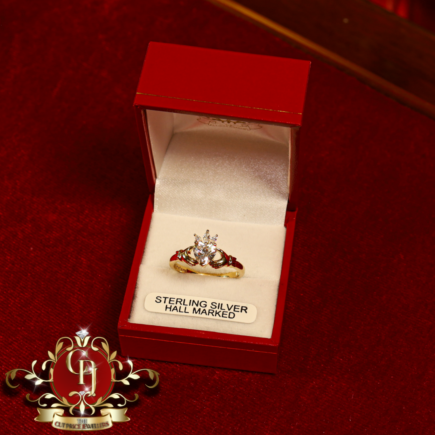 Gold-Filled Sterling Silver "Christmas" Claddagh Ring with White Stone | The Cut Price Jewellers