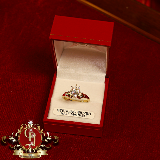 Gold-Filled Sterling Silver "Christmas" Claddagh Ring with White Stone | The Cut Price Jewellers