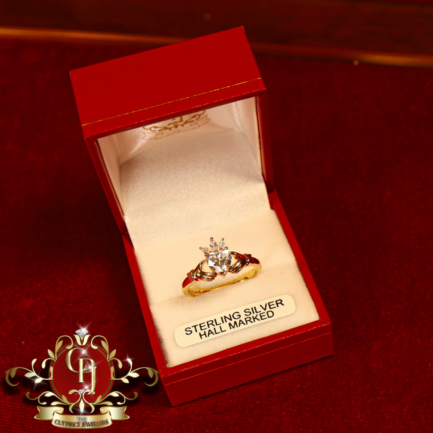 Gold-Filled Sterling Silver "Christmas" Claddagh Ring with White Stone | The Cut Price Jewellers