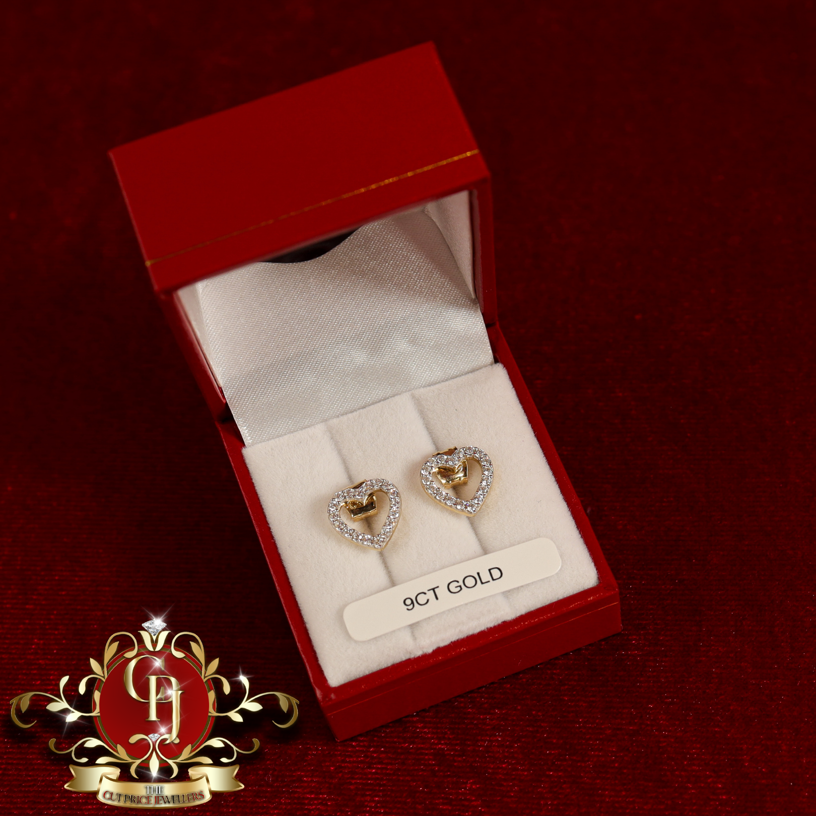 9ct Gold CZ Heart Stud Earrings