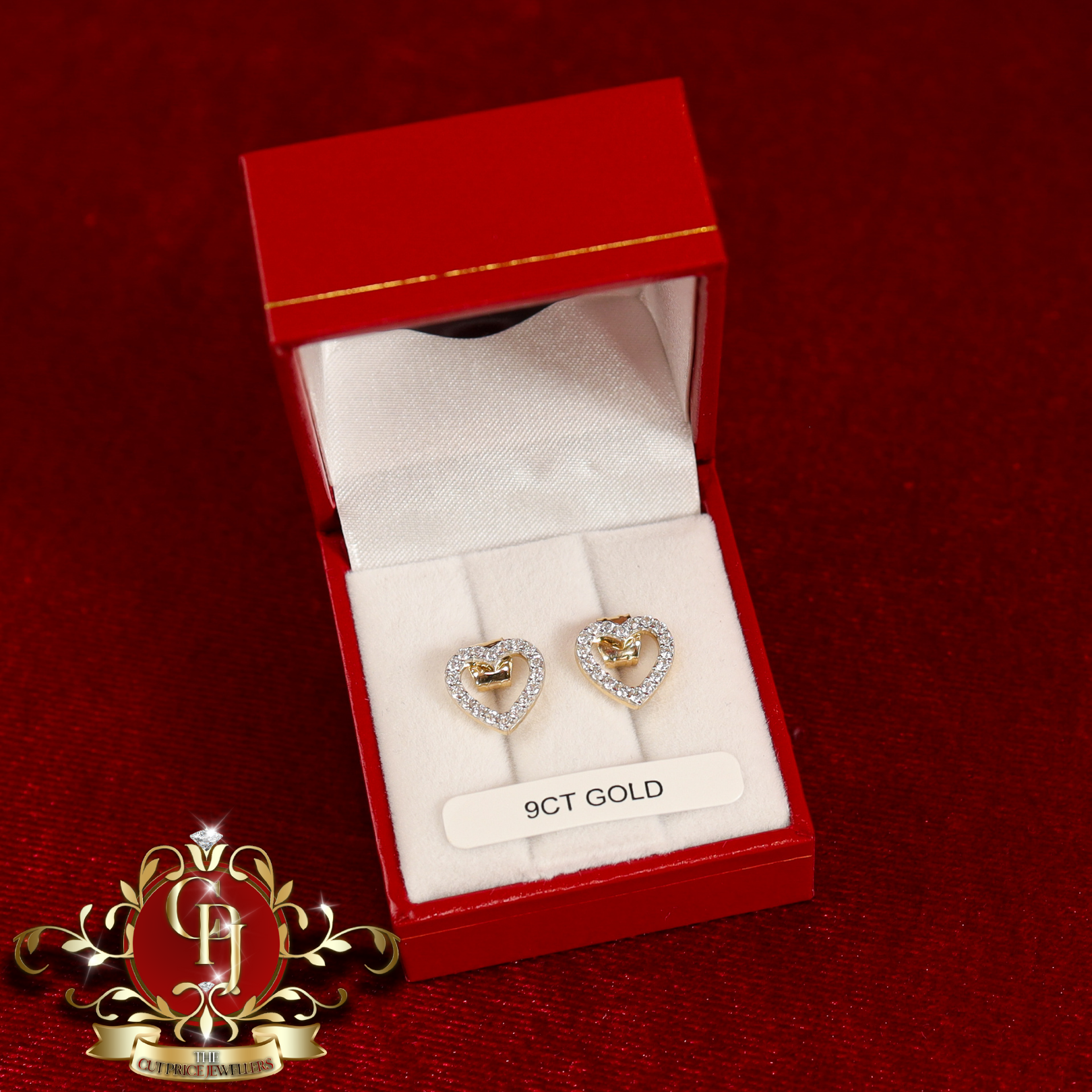 9ct Gold CZ Heart Stud Earrings