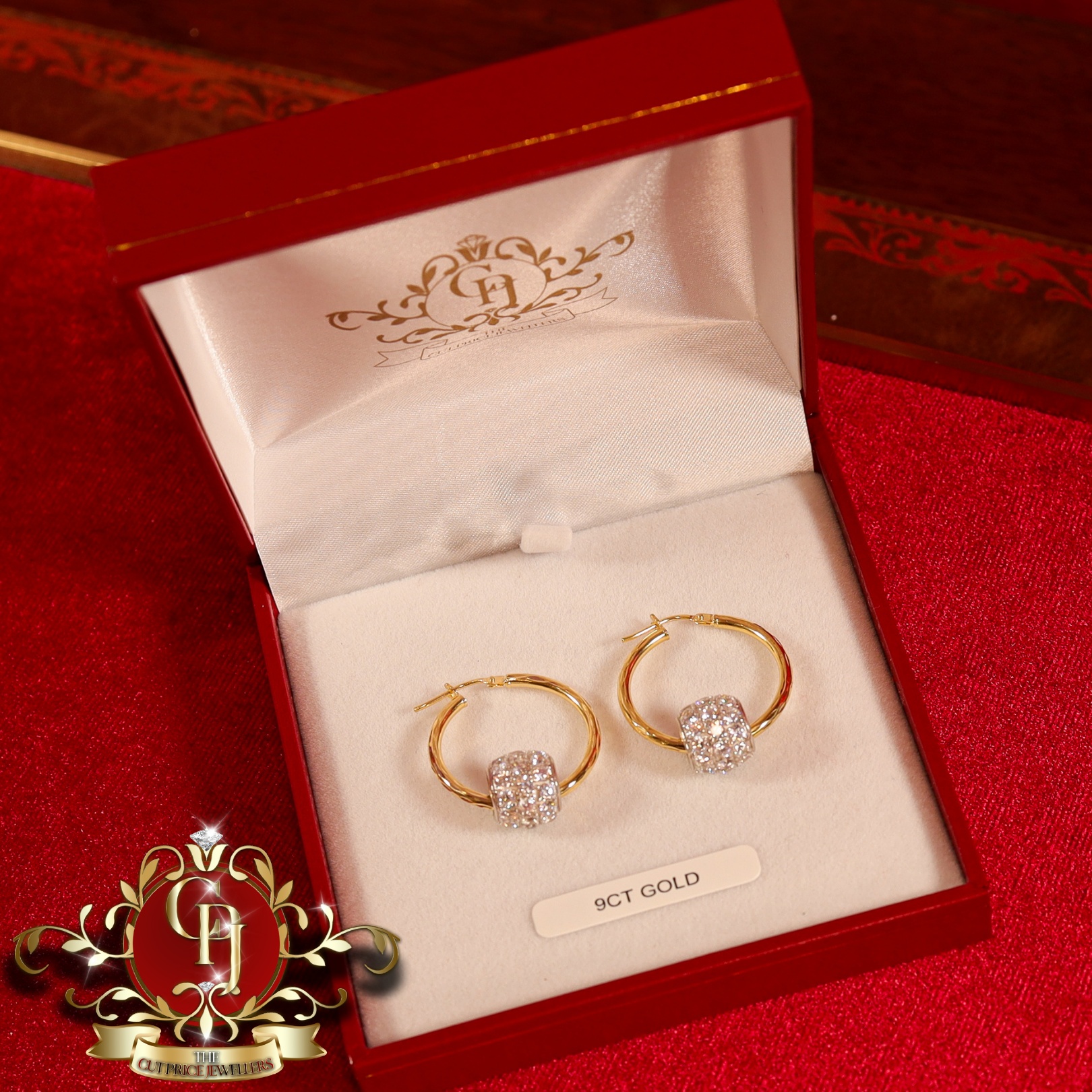 9ct Gold Twist Hoops with Cubic Zirconia Balls (3 Sizes)