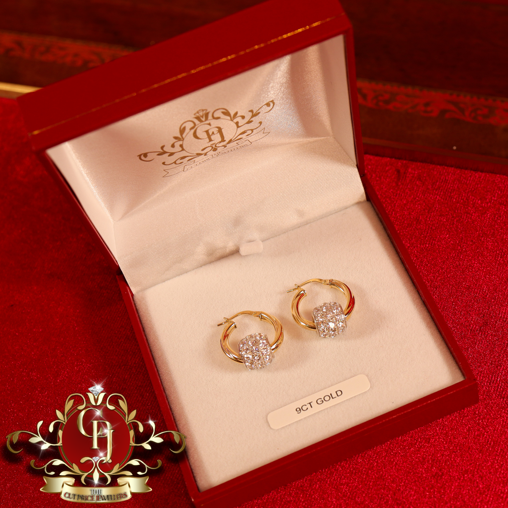 9ct Gold Twist Hoops with Cubic Zirconia Balls (3 Sizes)