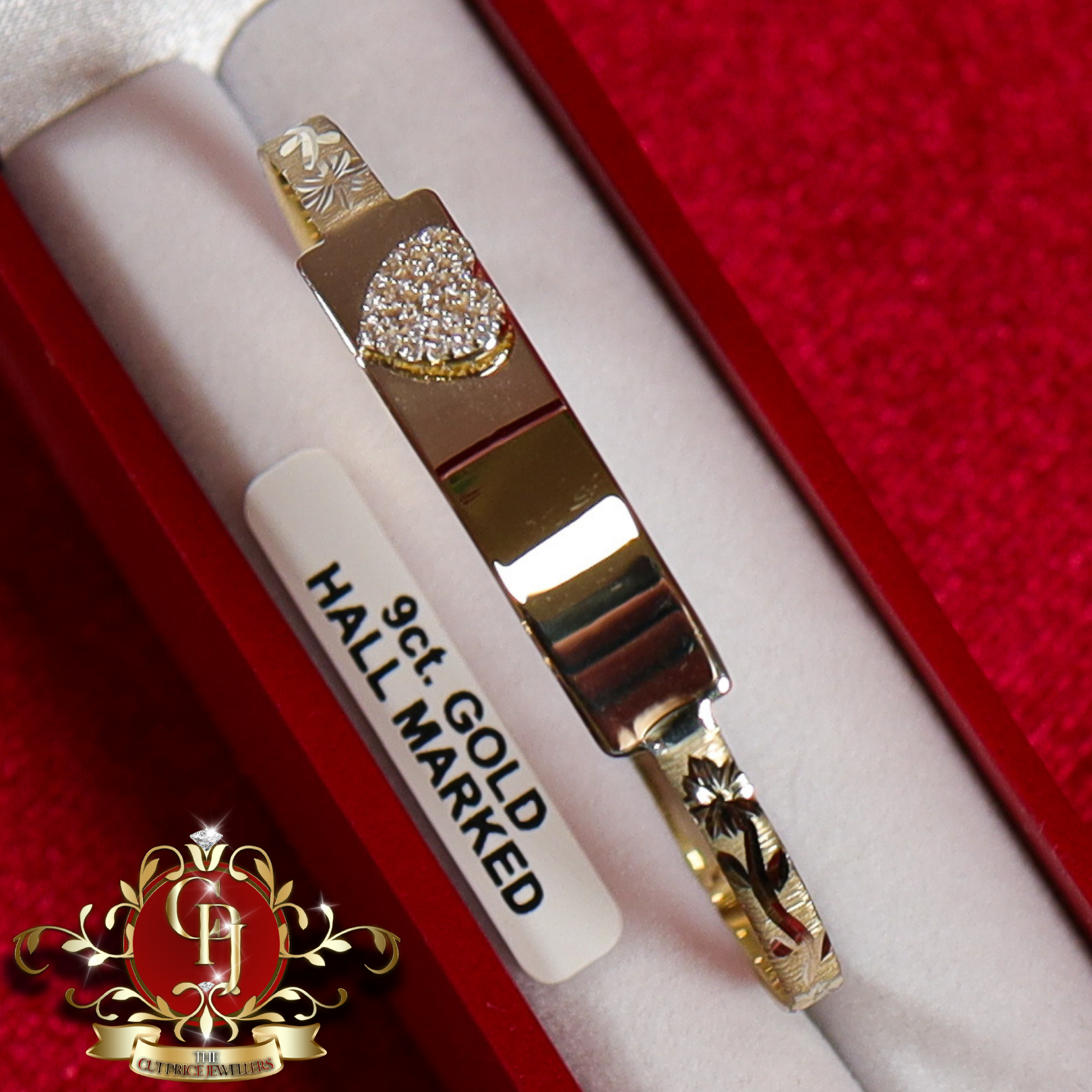 Children's 9ct Gold Adjustable ID Heart Bangle with Cubic Zirconia (Engraving Available)