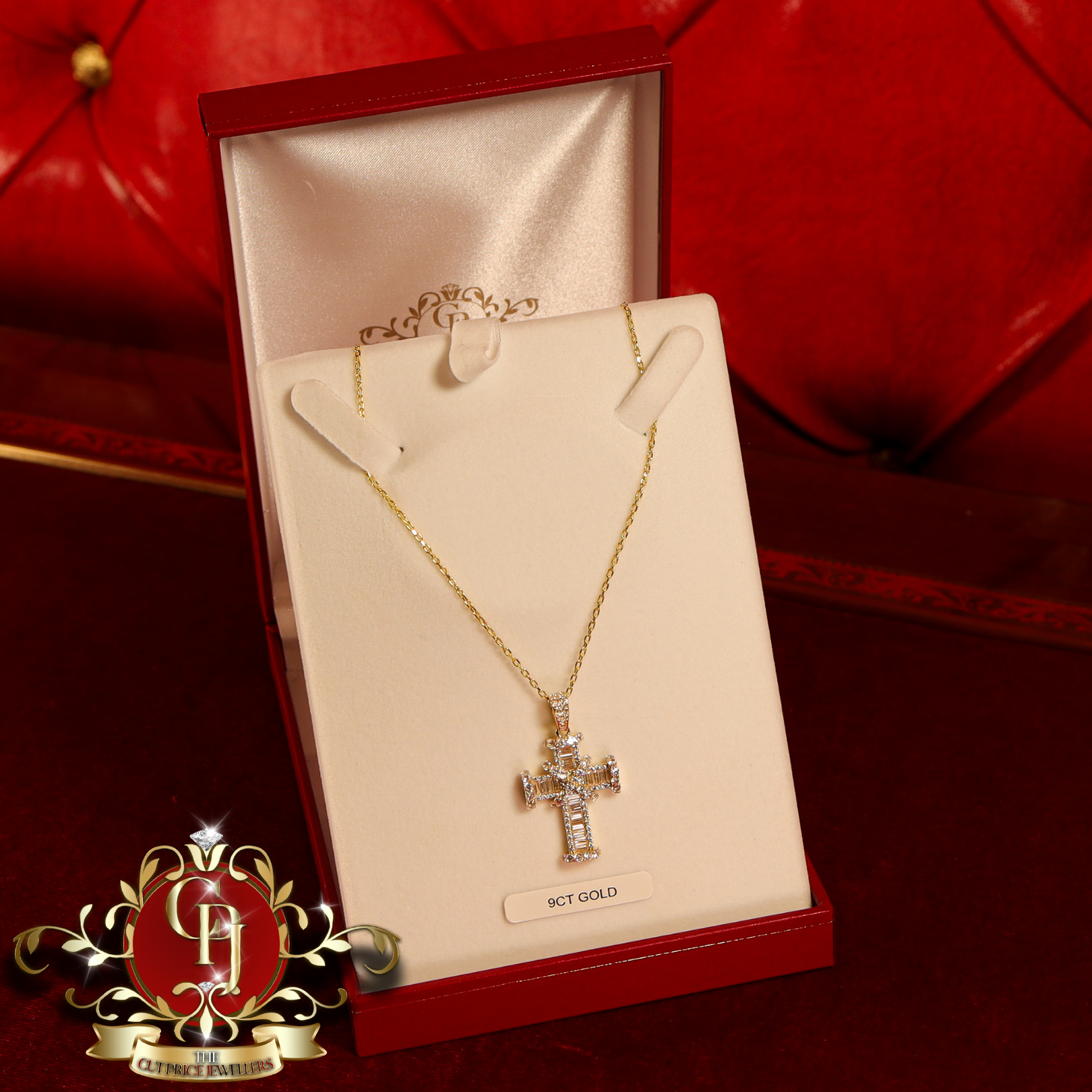Chunky 9ct Gold Baguette Cross & Chain