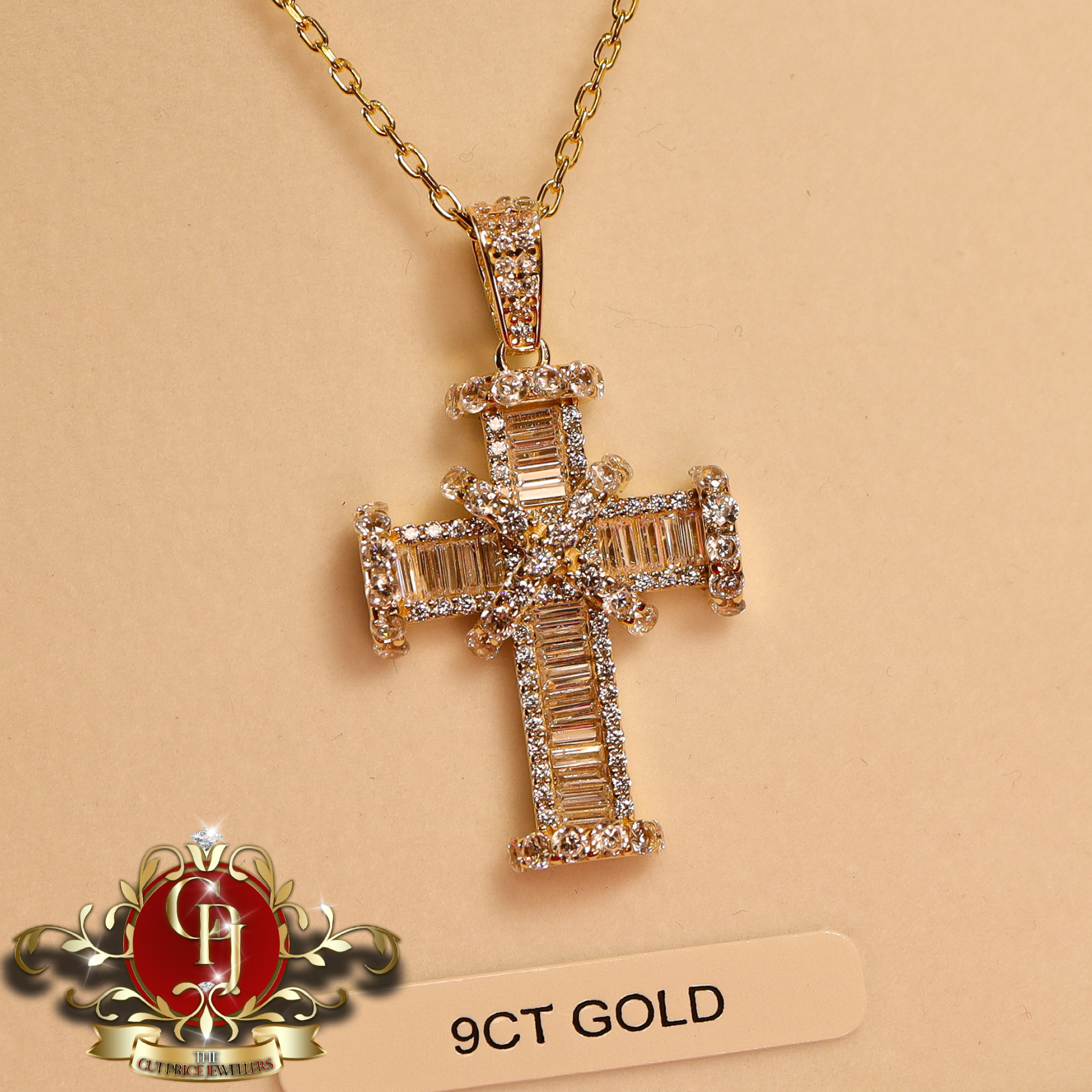 Chunky 9ct Gold Baguette Cross & Chain
