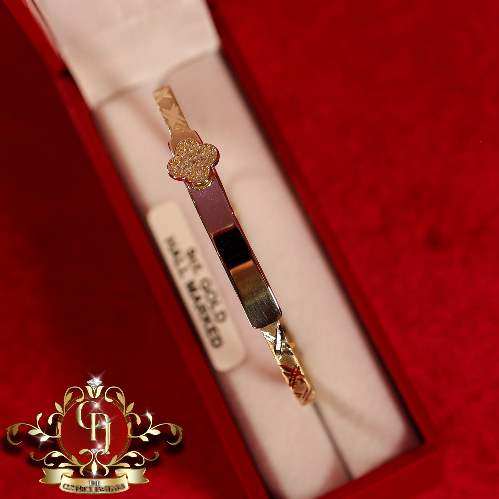 9ct Gold Children's ID Adjustable Clover Bangle (Engraving Available)
