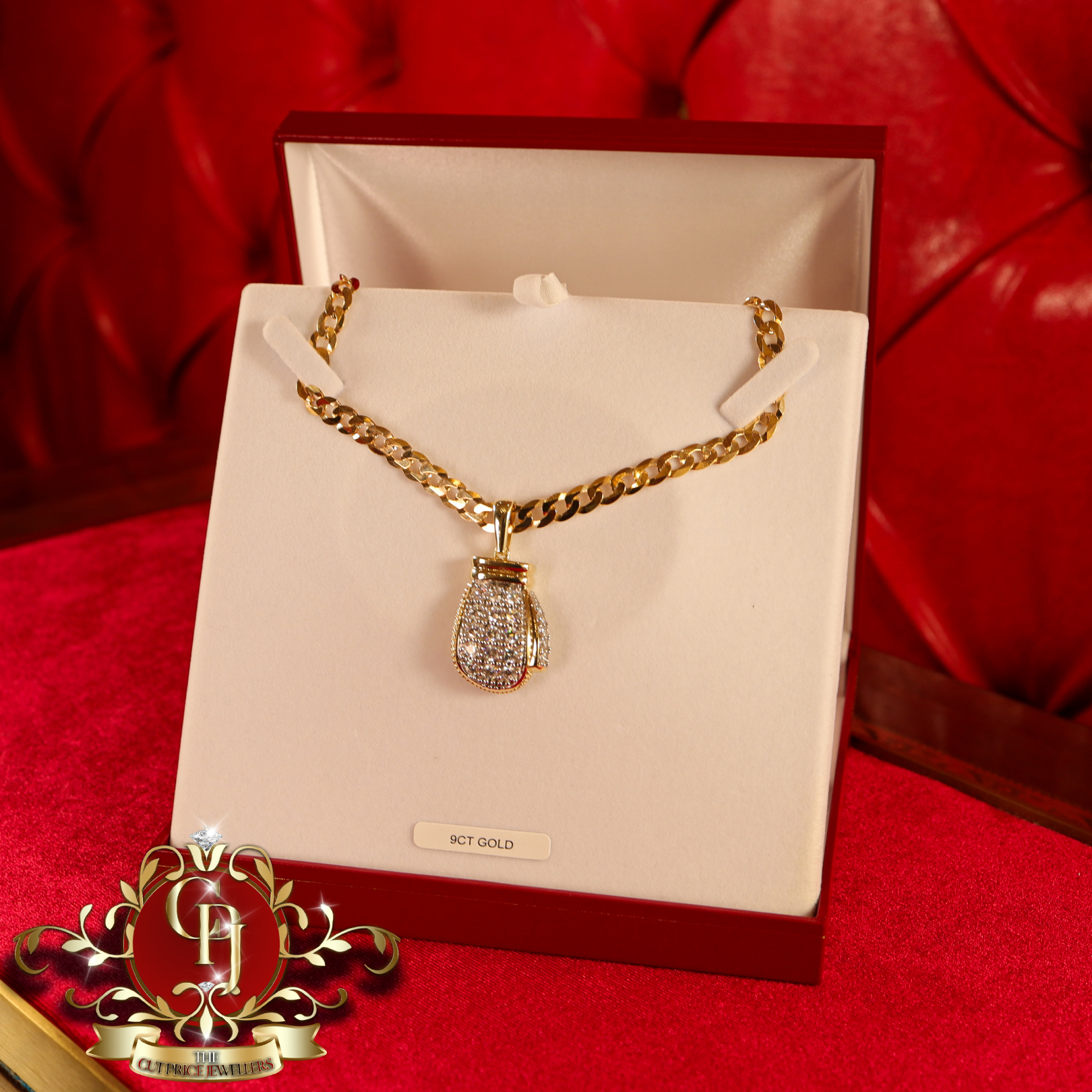 9ct Gold Flat Curb Chain with CZ Boxing Glove