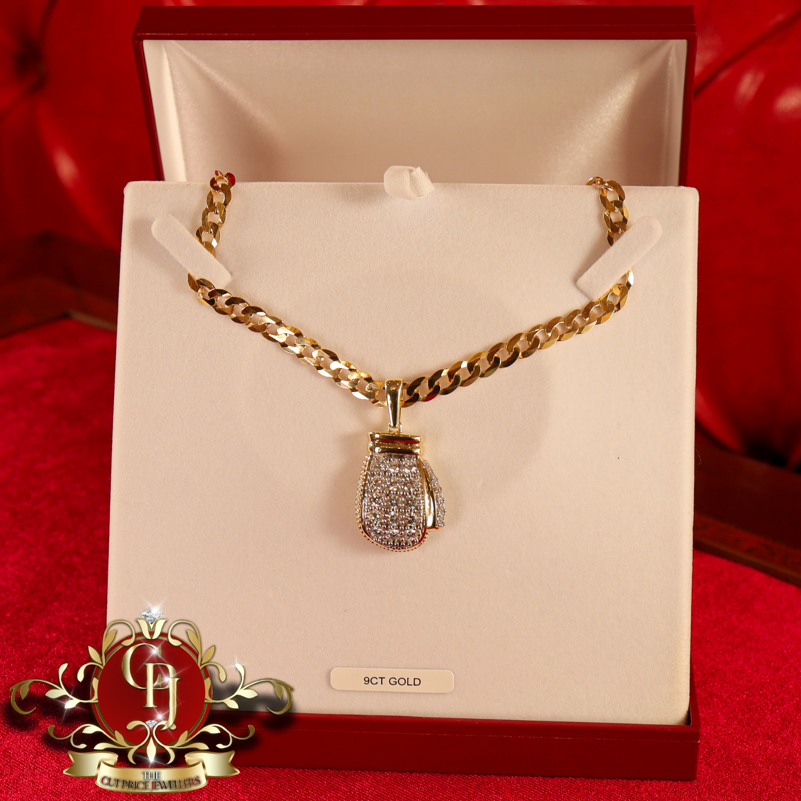 9ct Gold Flat Curb Chain with CZ Boxing Glove