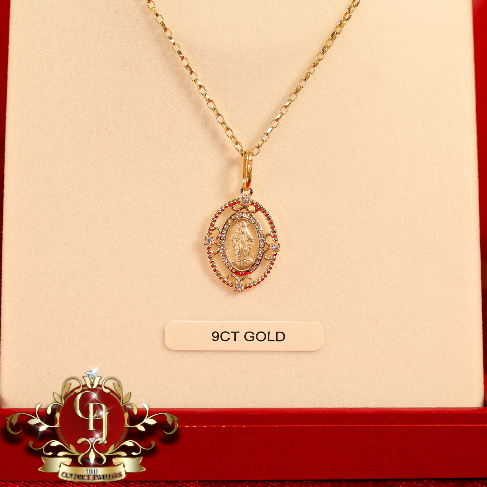 9ct Gold CZ 'Our Lady of Graces' Medal with Chain