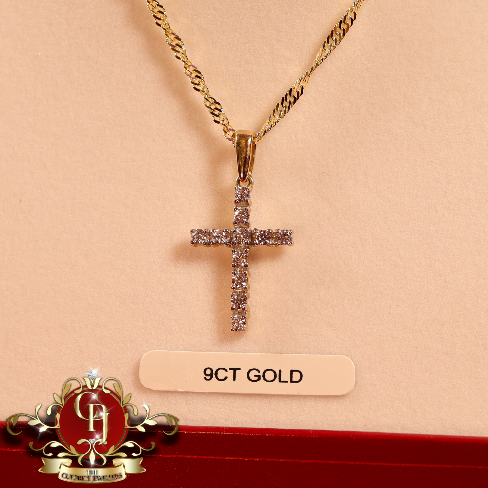 9ct Gold CZ Cross with Prince of Wales Chain